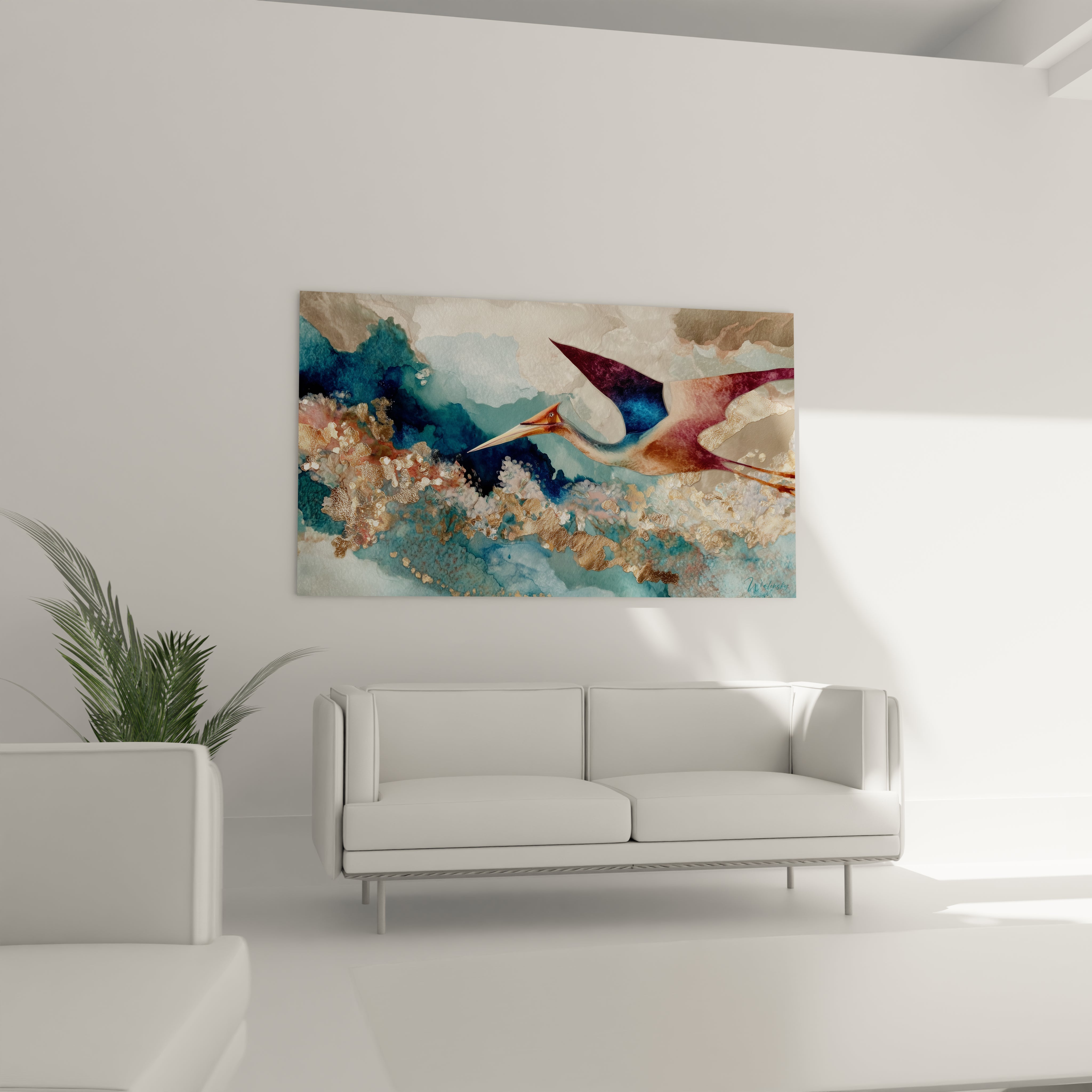 Détail tableau oiseau marin abstrait, technique aquarelle moderne tons bleus dorés textures marines