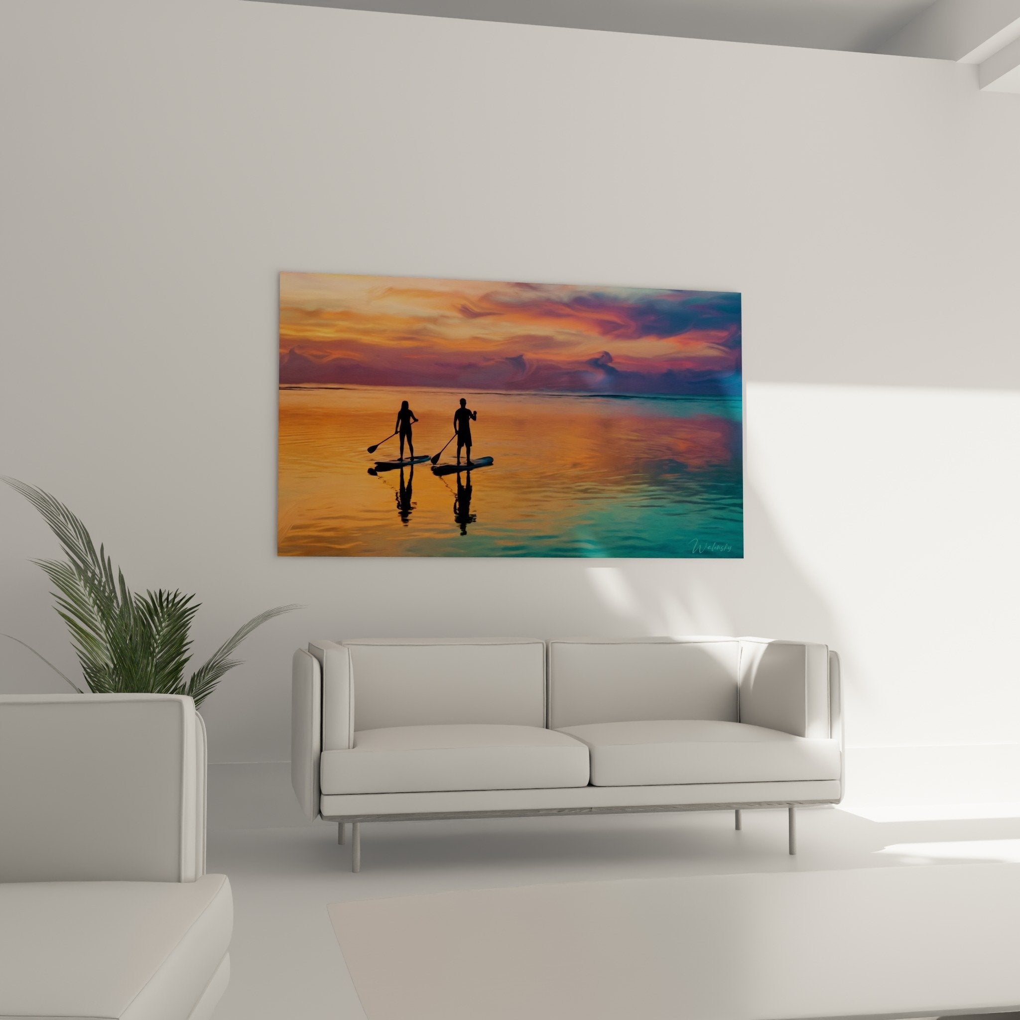 Detail tableau paddle silhouettes noires reflets eau coucher soleil tropical orange turquoise