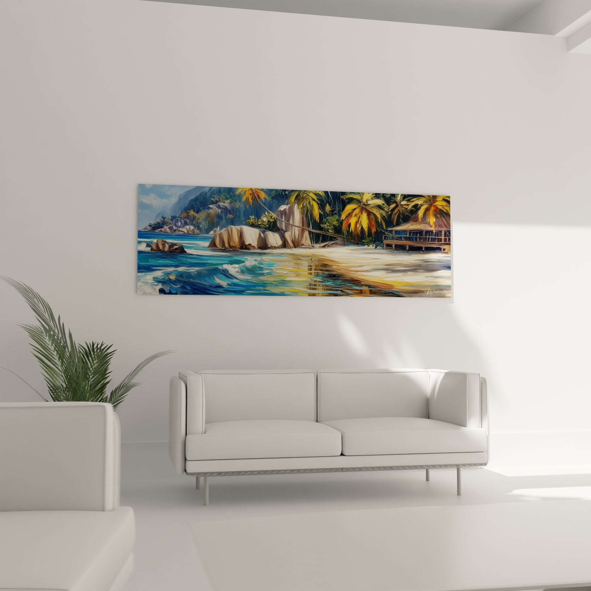 Détail tableau plage tropicale montrant palmiers dorés et reflets sur lagon turquoise cristallin