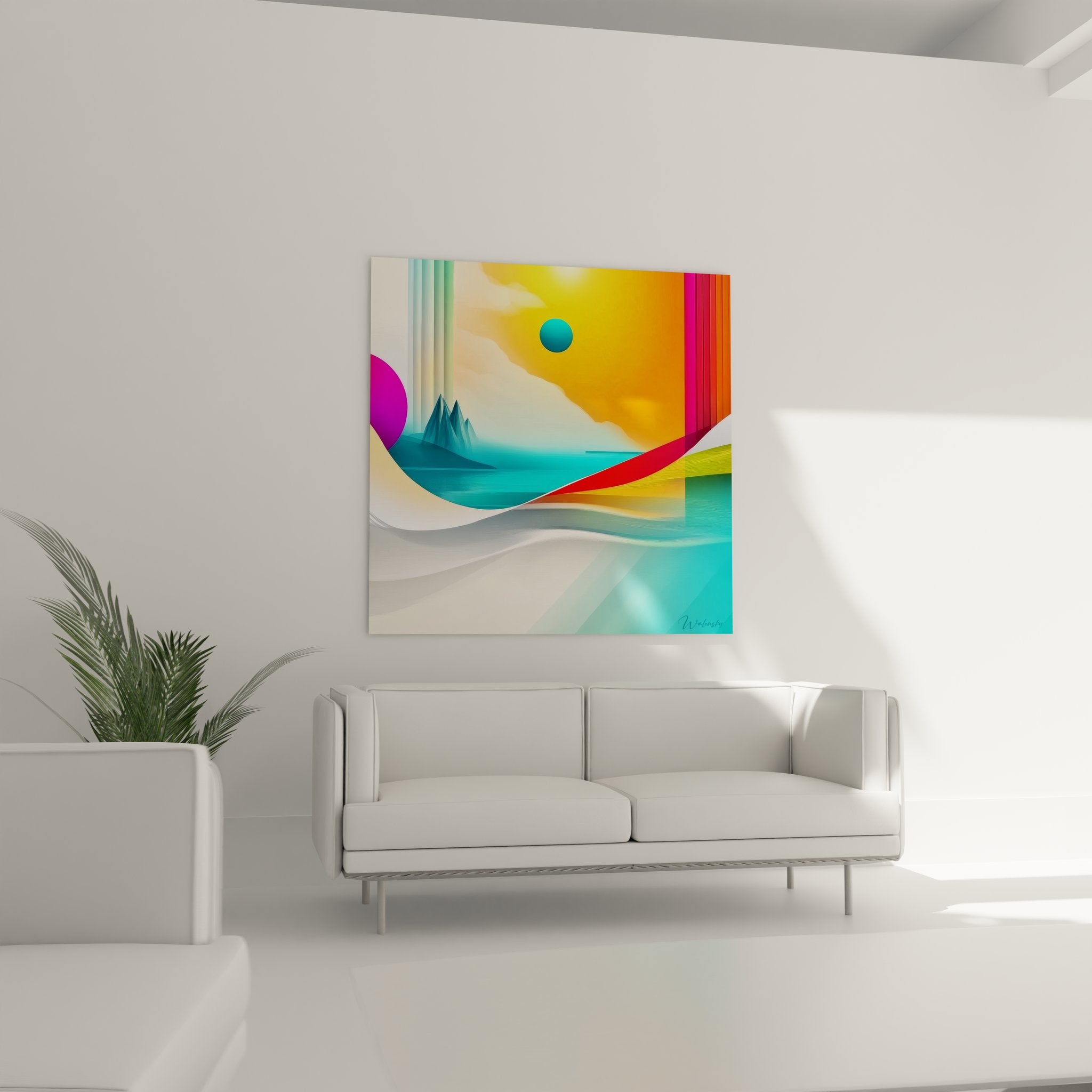 Détail tableau paysage abstrait futuriste montrant textures digitales et dégradés colorés