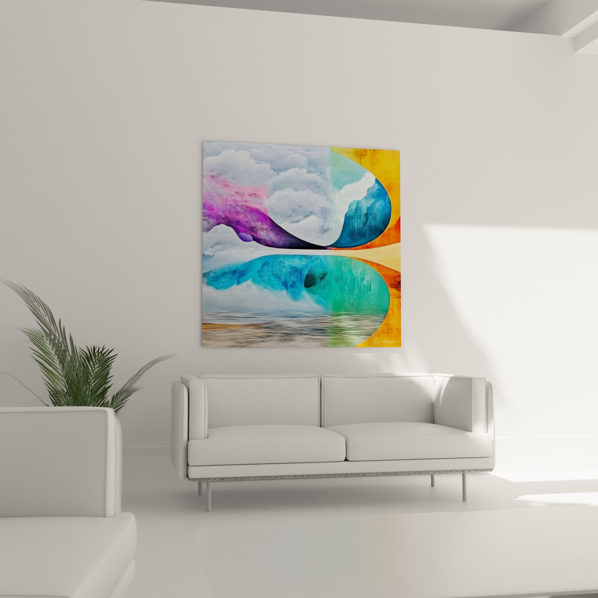 Détail rapproché tableau paysage abstrait montrant textures nuages et transitions colorées artistiques