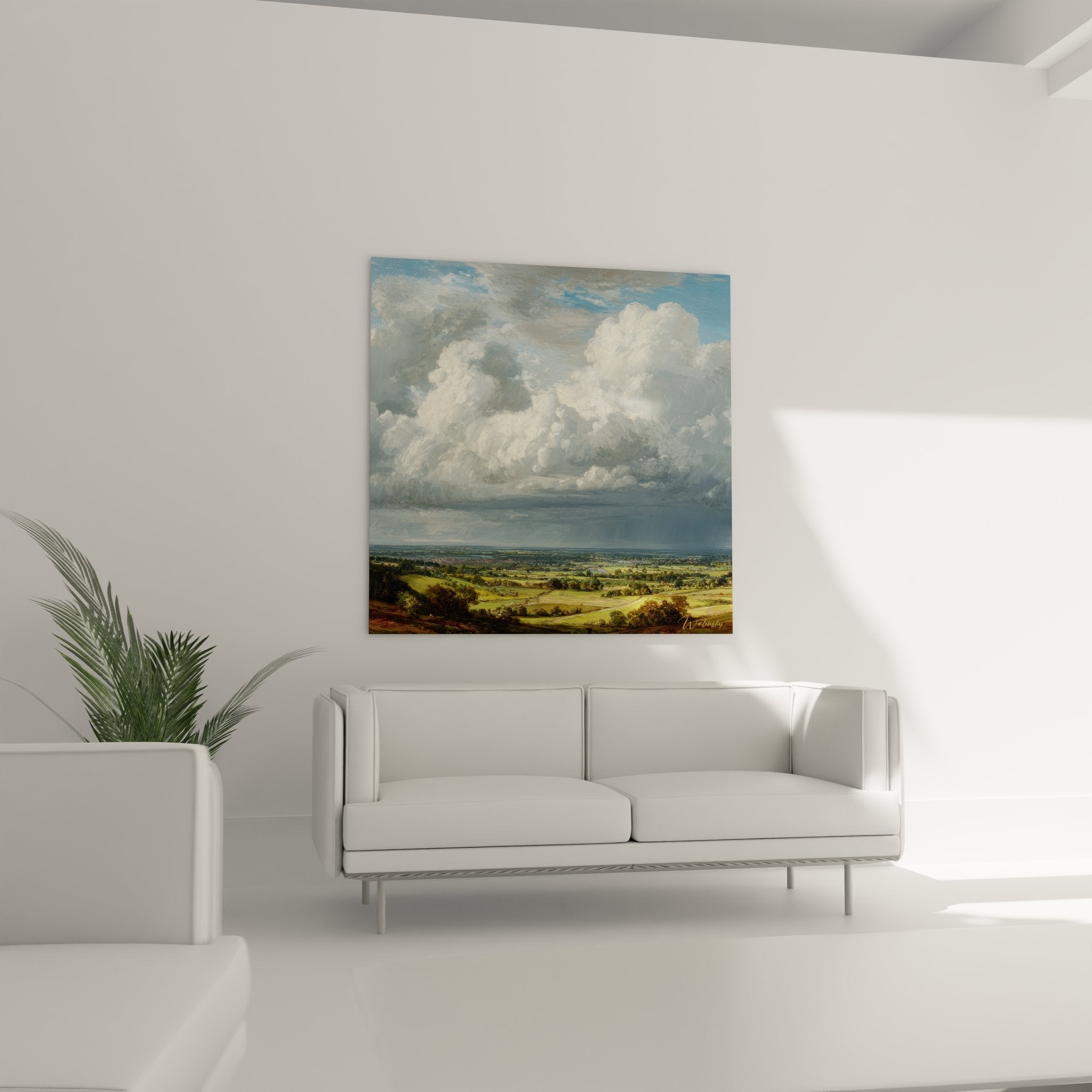 Détail tableau campagne anglaise technique picturale nuages blancs prairies vertes peinture nature