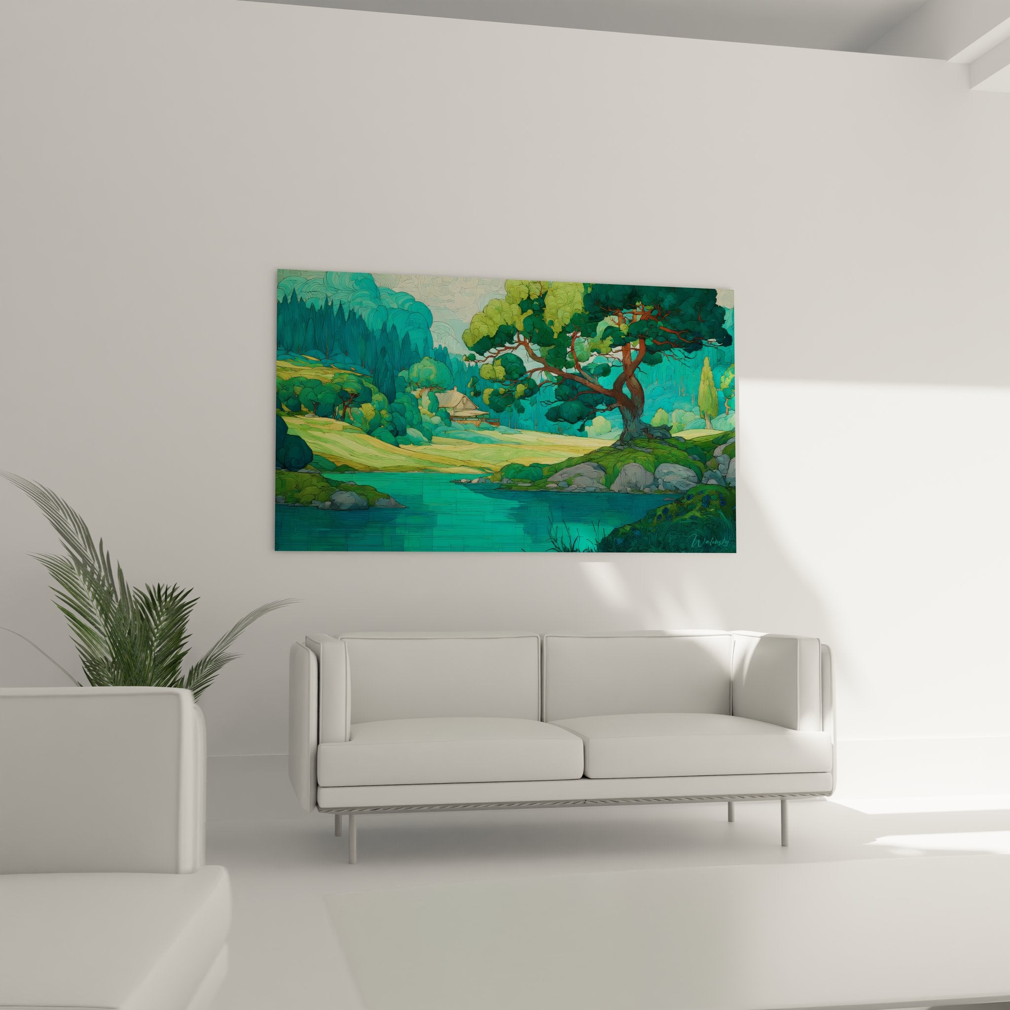 Détail tableau paysage campagne rivière turquoise arbres verts style artistique japonisant