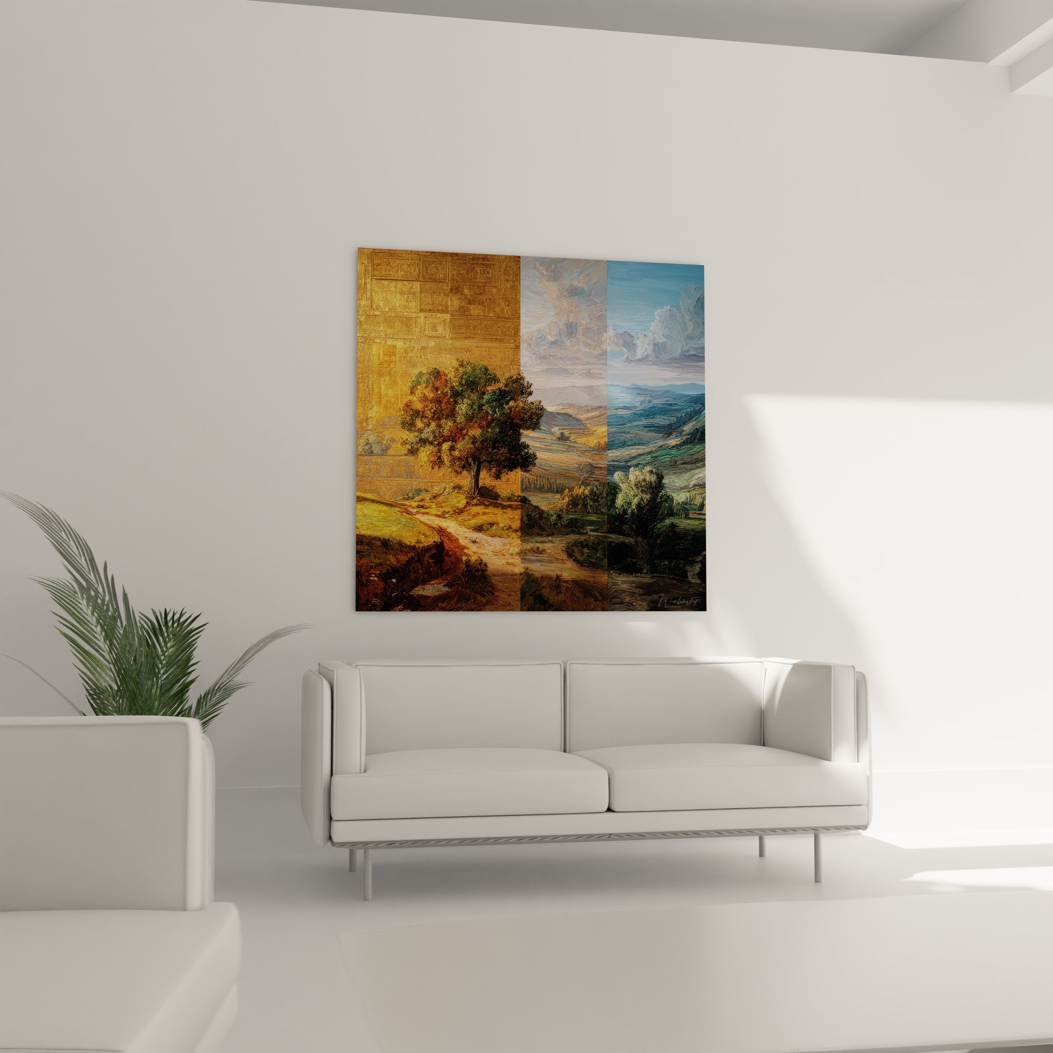 Détail gros plan tableau paysage automnal textures dorées et brushstrokes artistiques