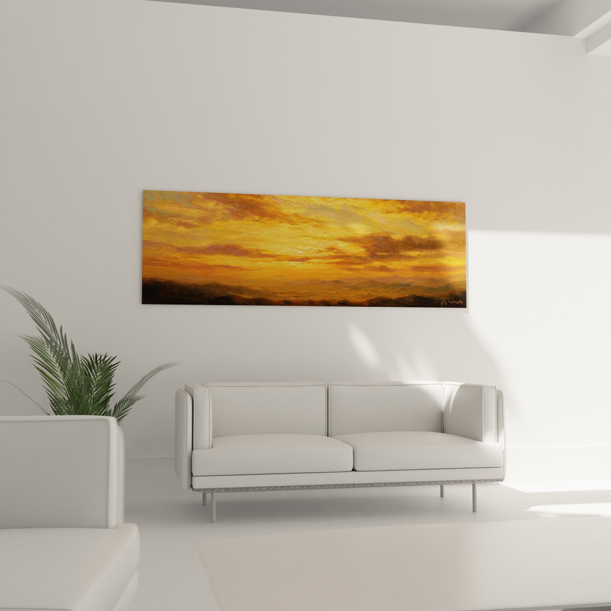 Détail rapproché du tableau paysage coucher de soleil montrant les nuances dorées et les textures picturales