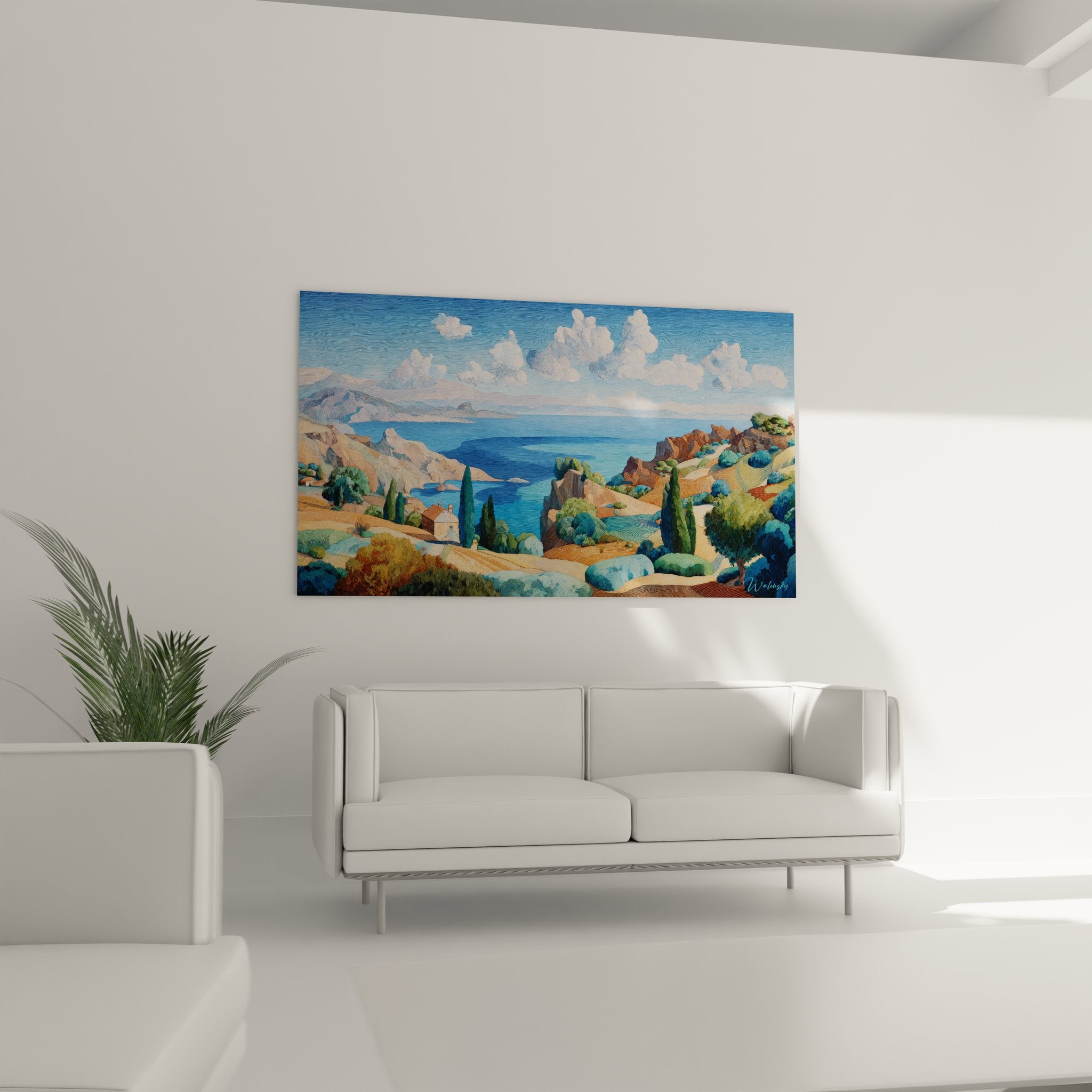 Détail tableau paysage méditerranéen montrant cyprès, reliefs ocre et végétation côtière stylisée