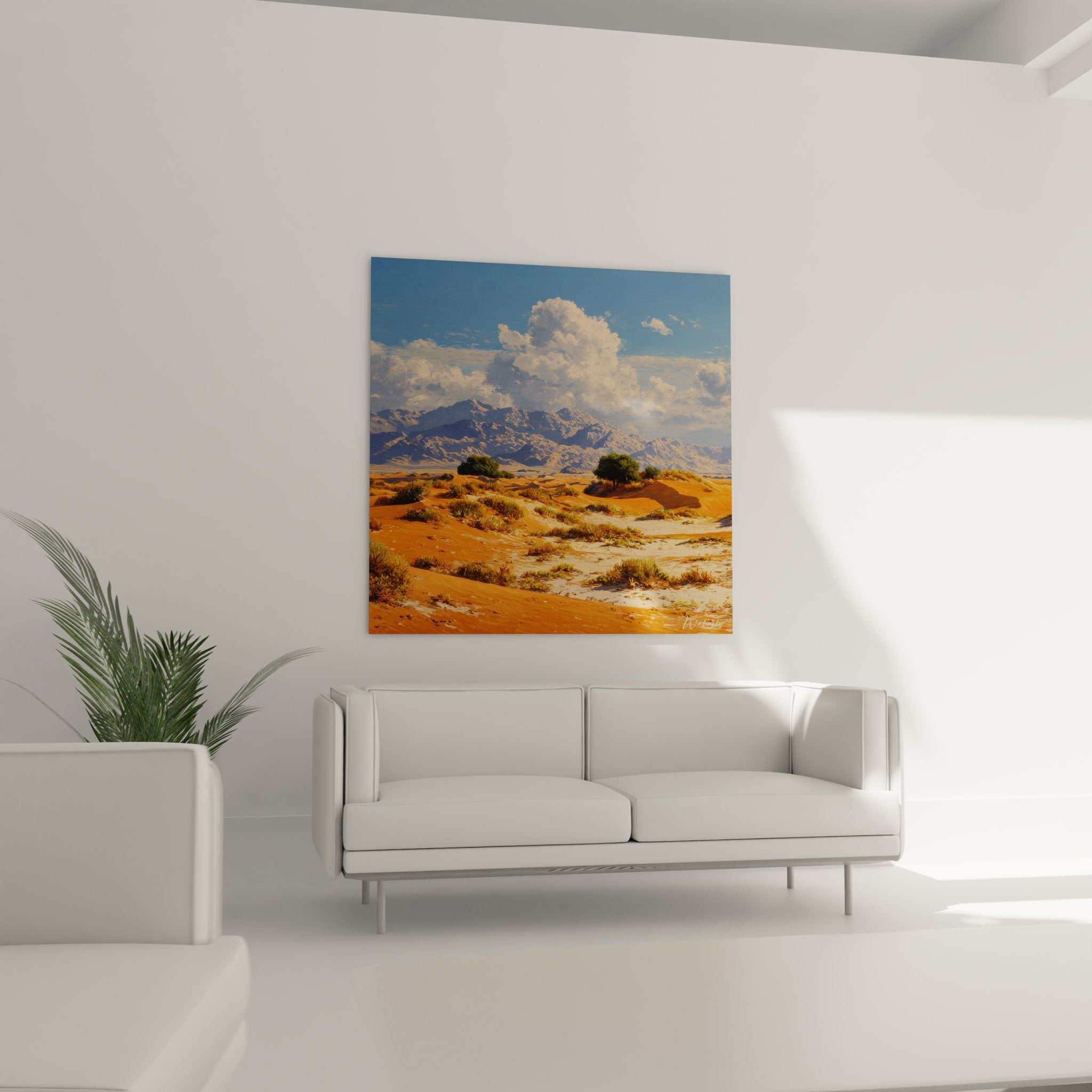 Détail rapproché tableau paysage désertique montrant texture sable et végétation arbustive