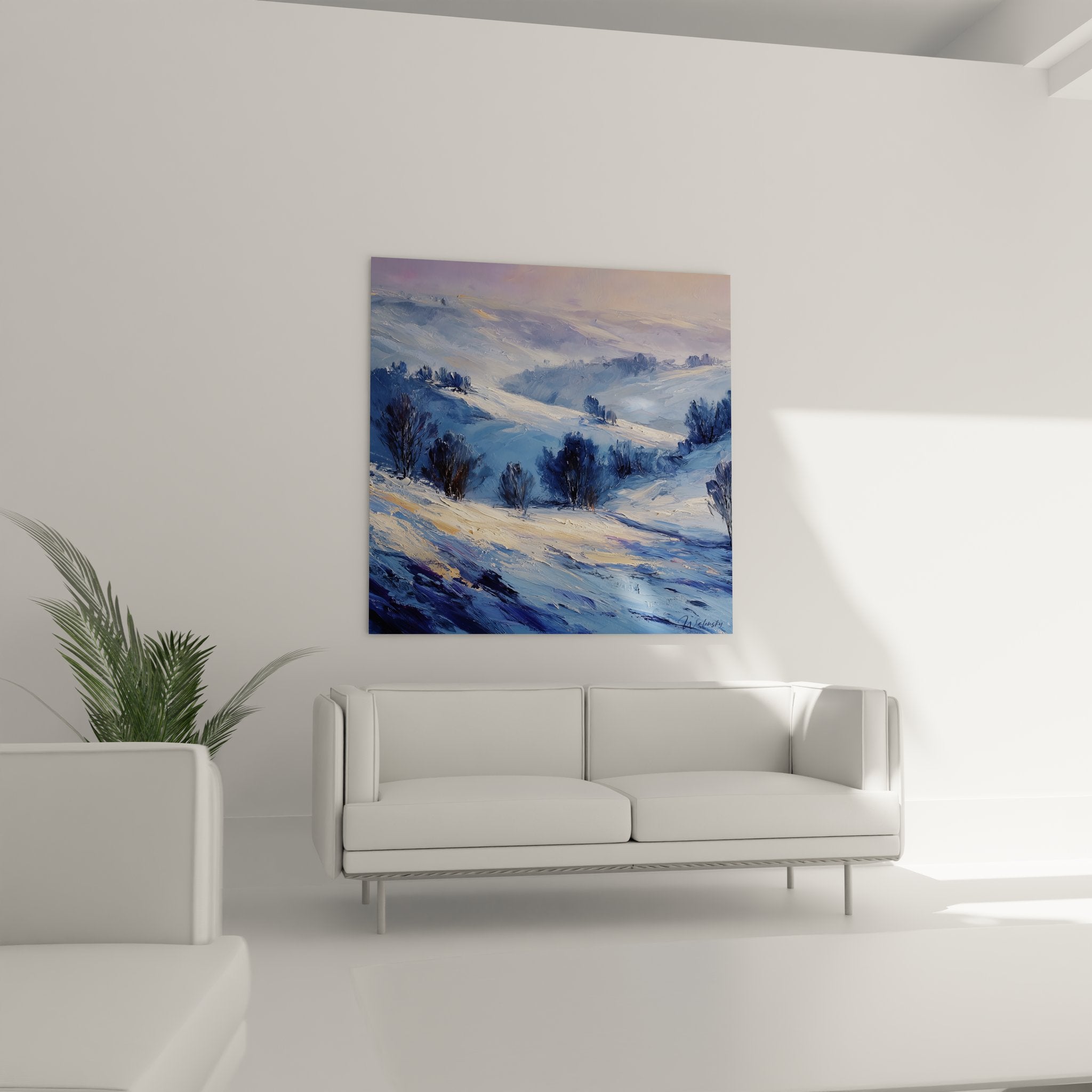 Détail tableau paysage neige technique pinceau couleurs bleues texture arbres hiver