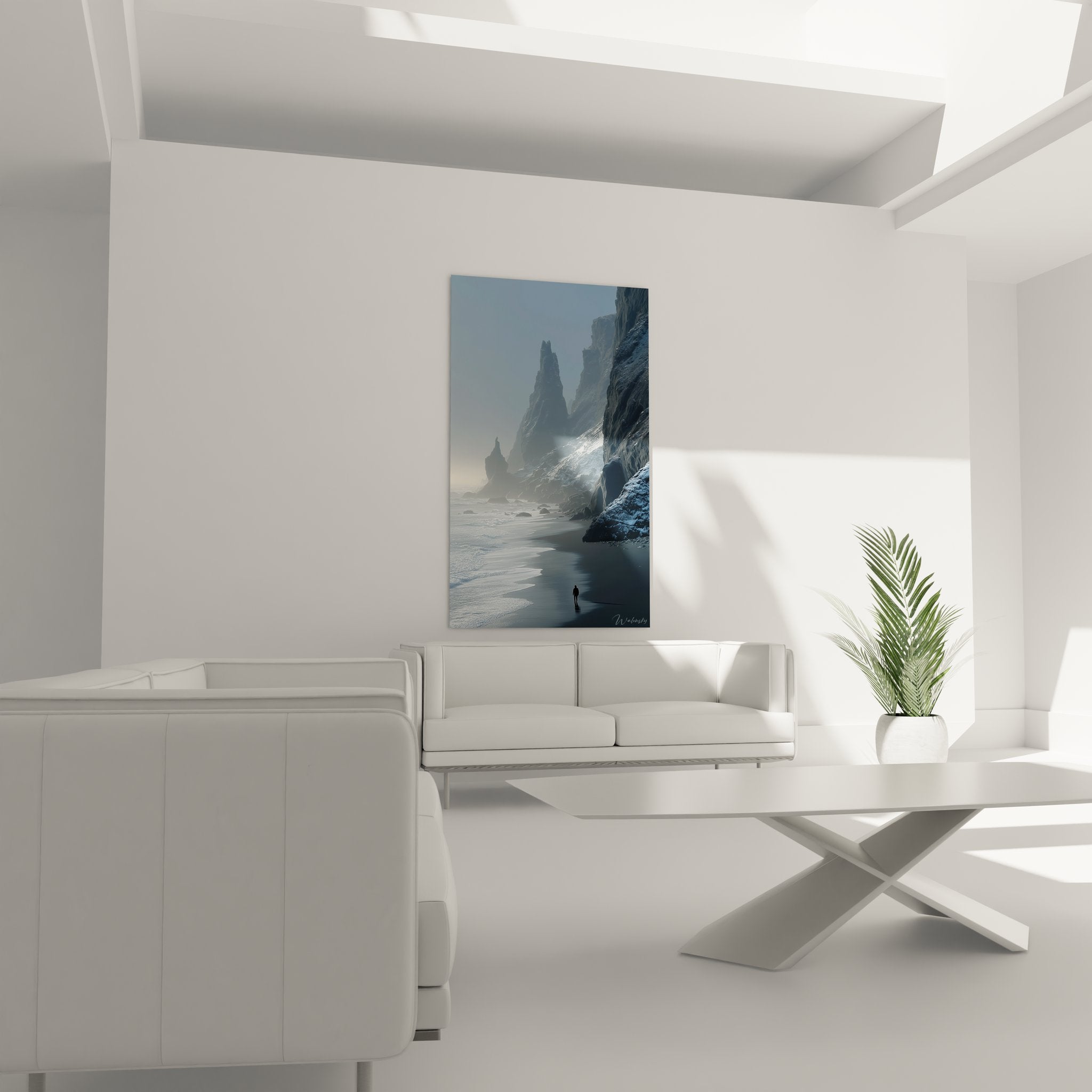 Détail rapproché tableau paysage marin côte rocheuse textures falaises et reflets sur sable humide