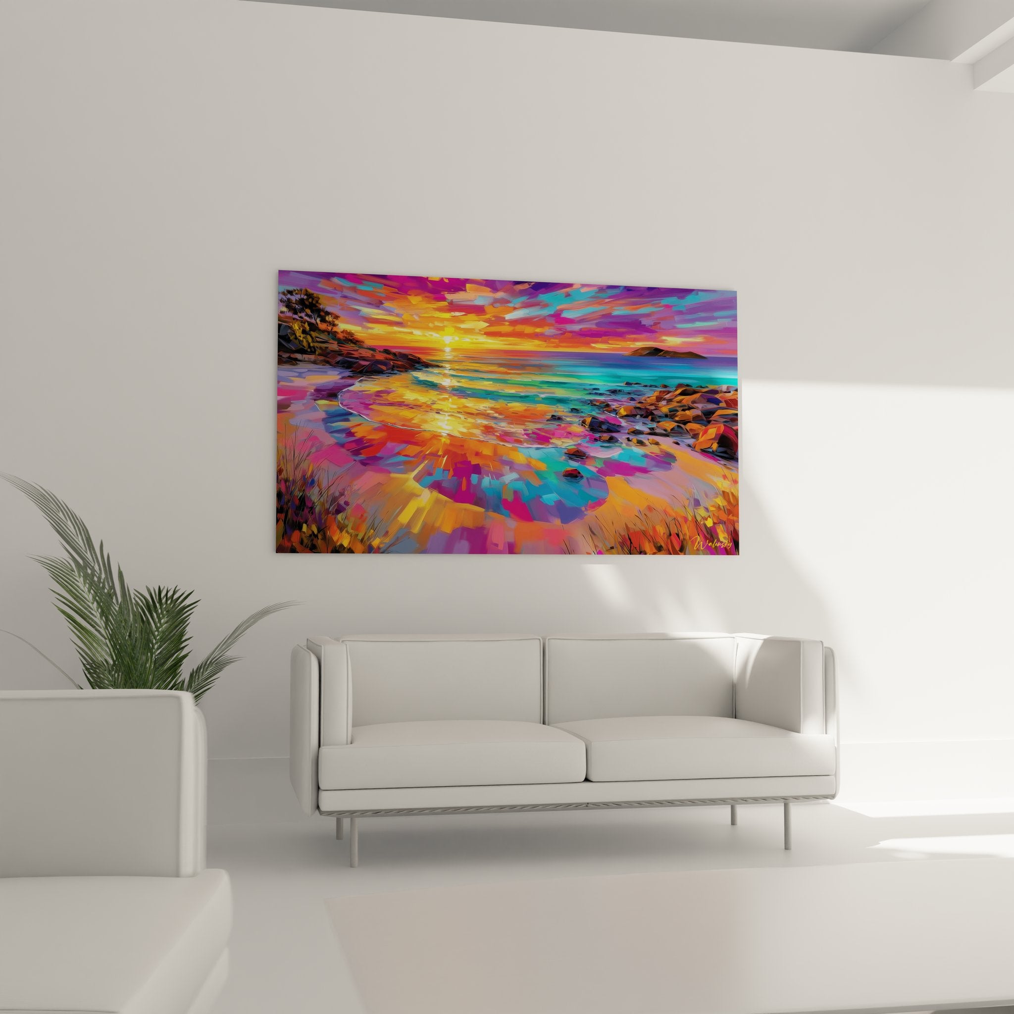 Gros plan détail tableau paysage marin coloré technique moderne coucher soleil