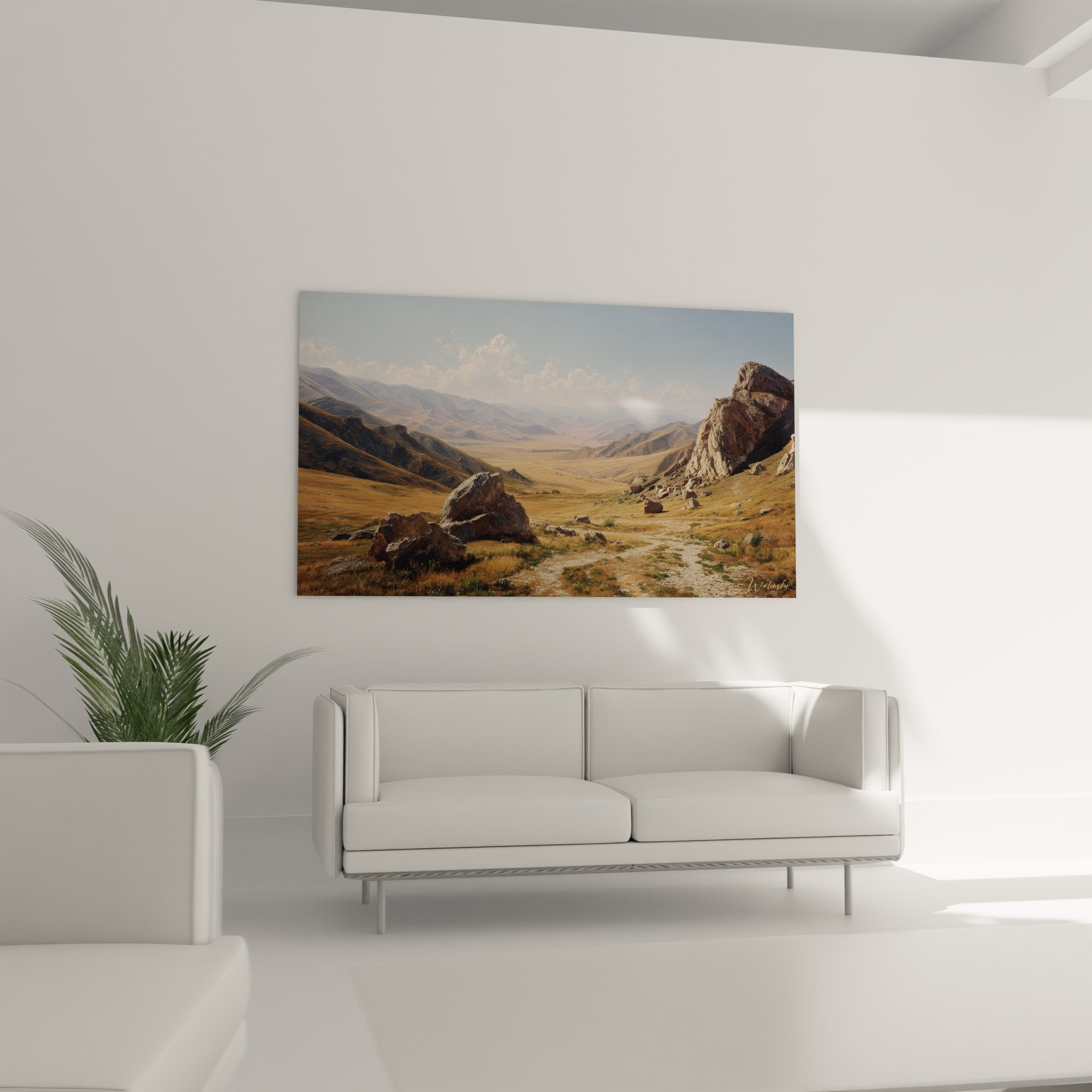 Détail tableau paysage montagne aride montrant rochers dorés et végétation steppique