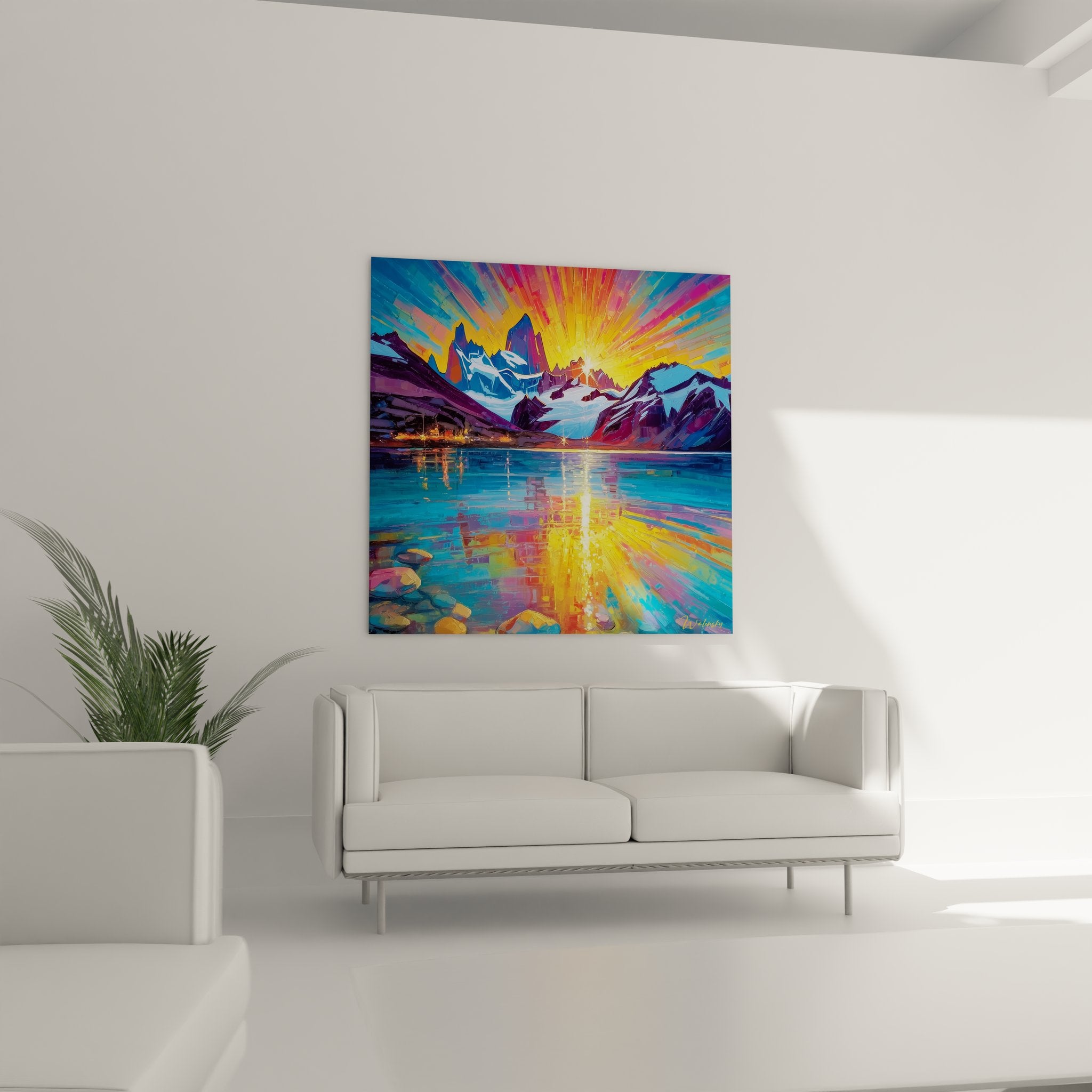 Détail tableau paysage montagneux montrant reflets dorés sur lac et sommets glaciaires