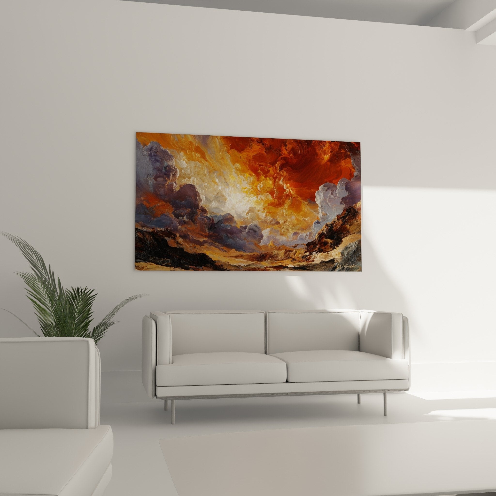 Detail tableau paysage nuages orange rouge textures relief montagneux feng shui sud feu gros plan