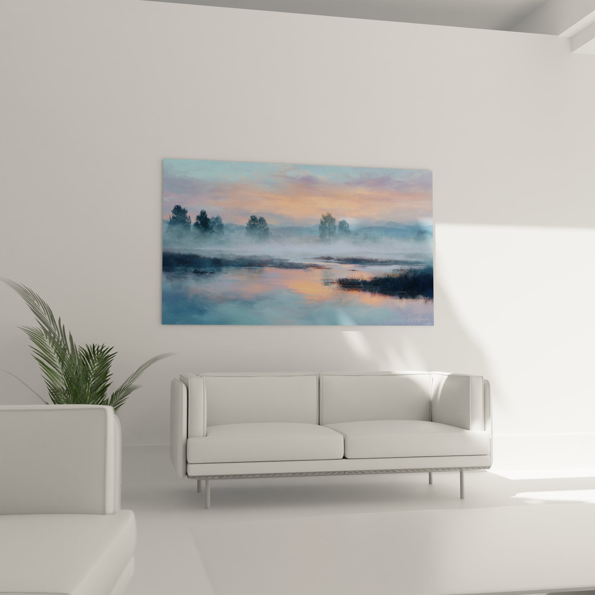 Détail tableau paysage reflets dorés eau brume coucher soleil campagne