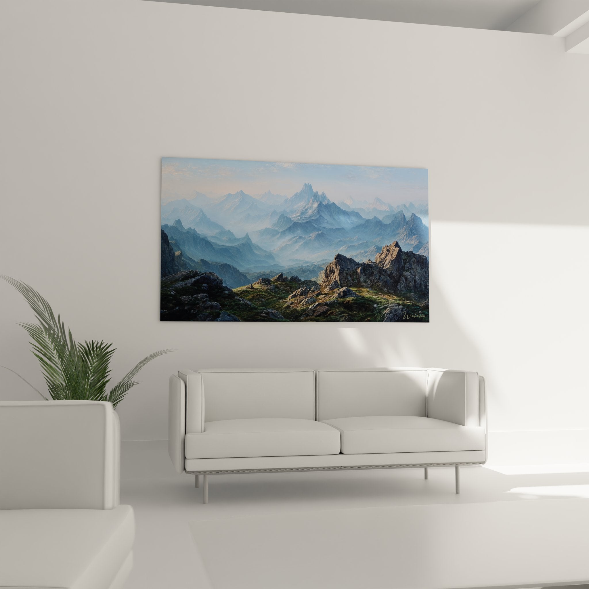 Détail tableau paysage montagneux montrant textures rocheuses et végétation