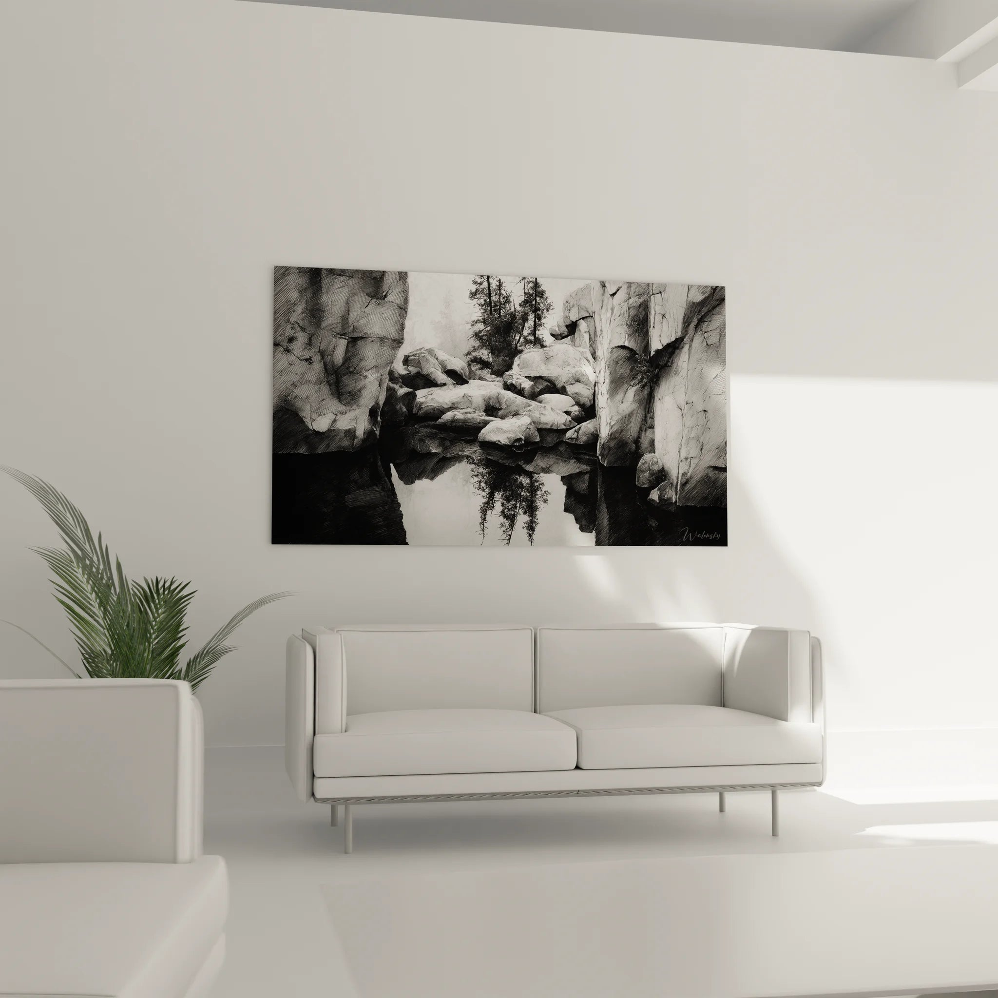 Détail gros plan tableau paysage rocheux noir et blanc textures pierre et reflets aquatiques