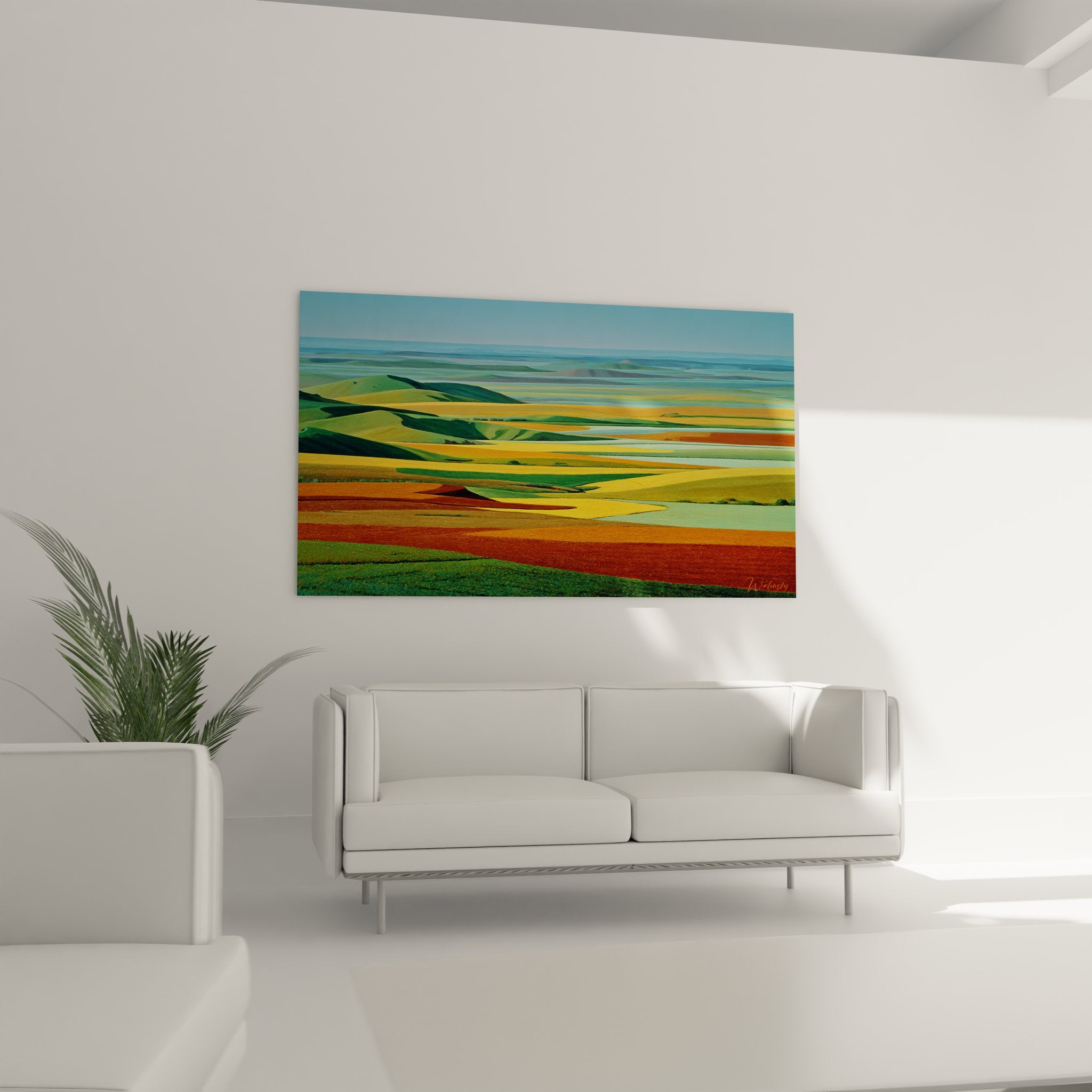 Détail tableau paysage vallonné, texture et couleurs des champs agricoles multicolores