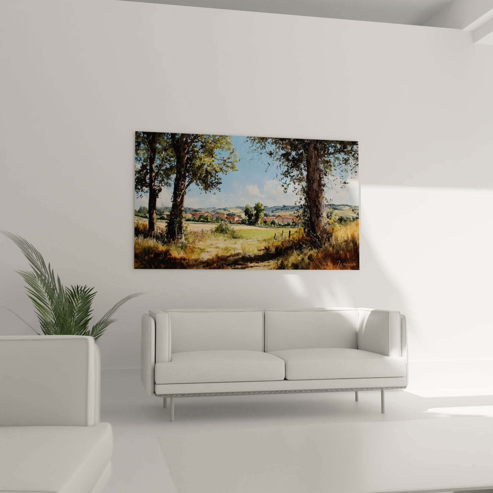 Détail tableau paysage rural, technique peinture village campagnard traditionnel