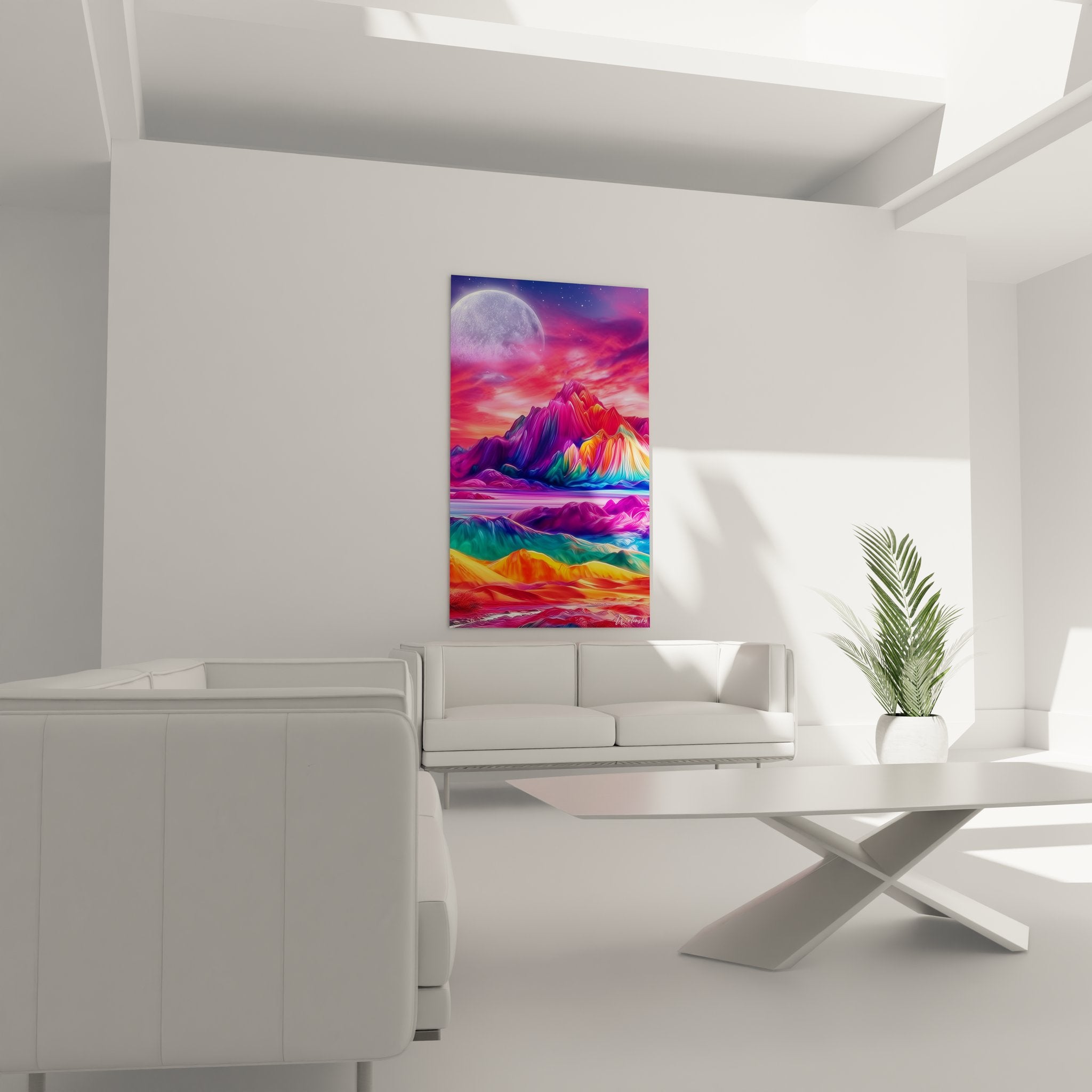 Surreal landscape painting detail featuring vibrant color gradients, cosmic mountain, and textured effects