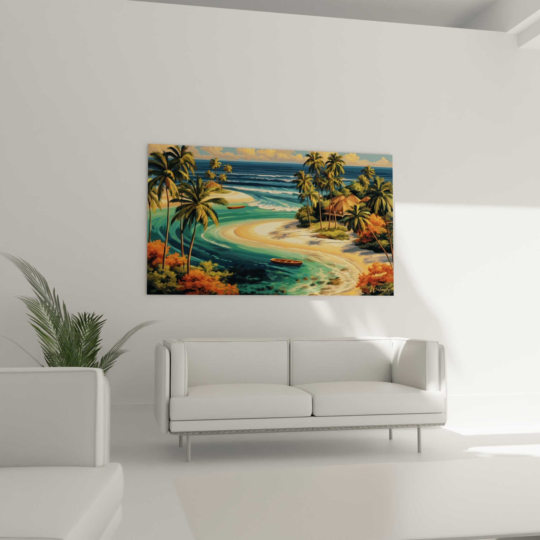 Détail gros plan tableau paysage tropical montrant eaux cristallines et palmiers des îles Caraïbes