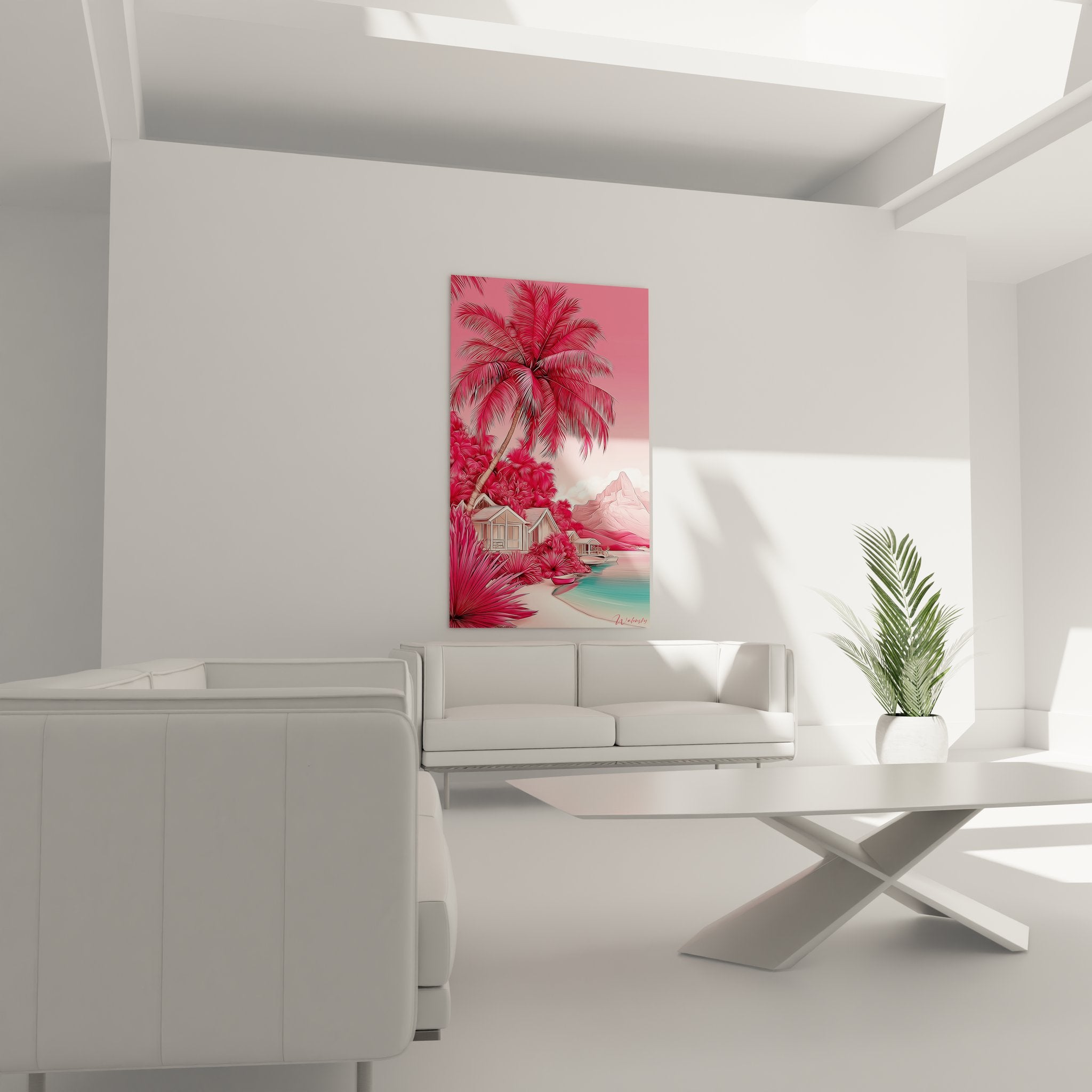 Détail gros plan tableau paysage tropical montrant palmier rose et végétation luxuriante