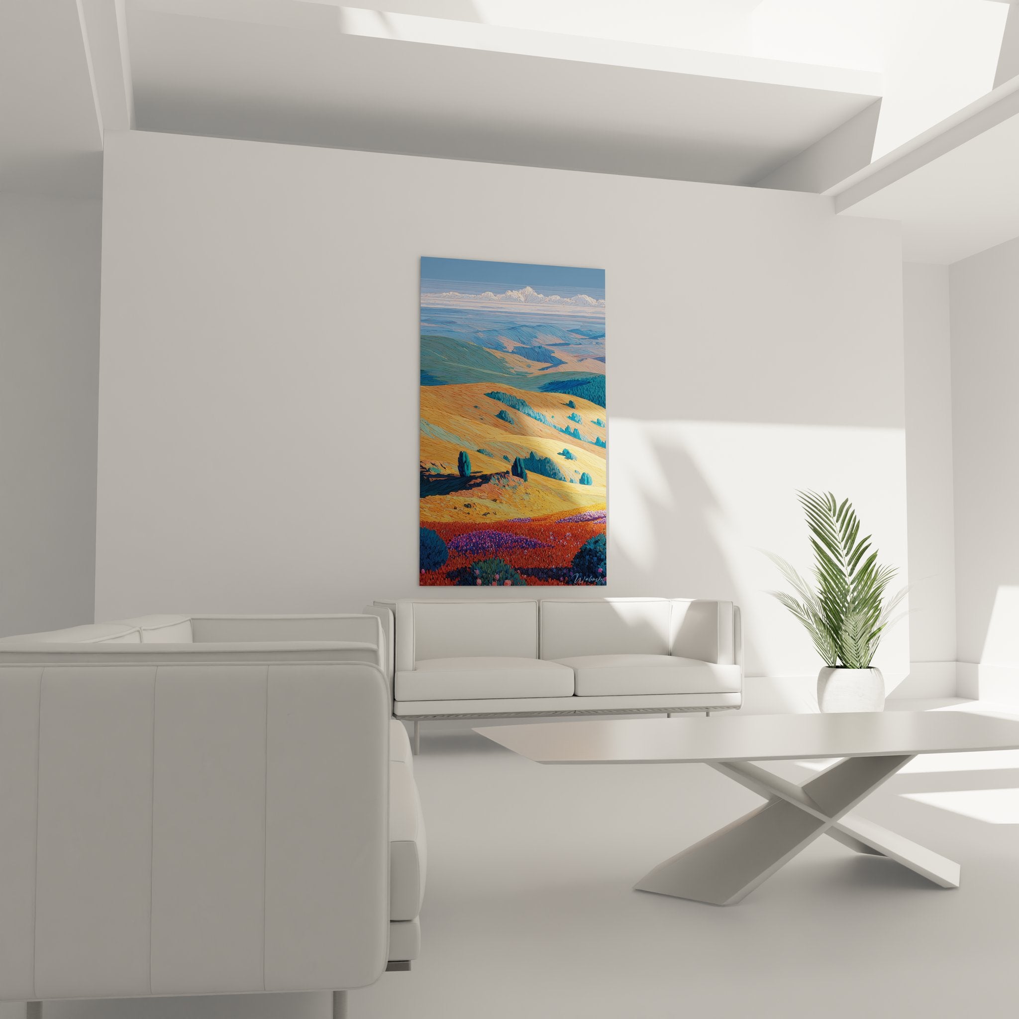 Détail tableau paysage vallonné montrant texture et couleurs chaudes campagne