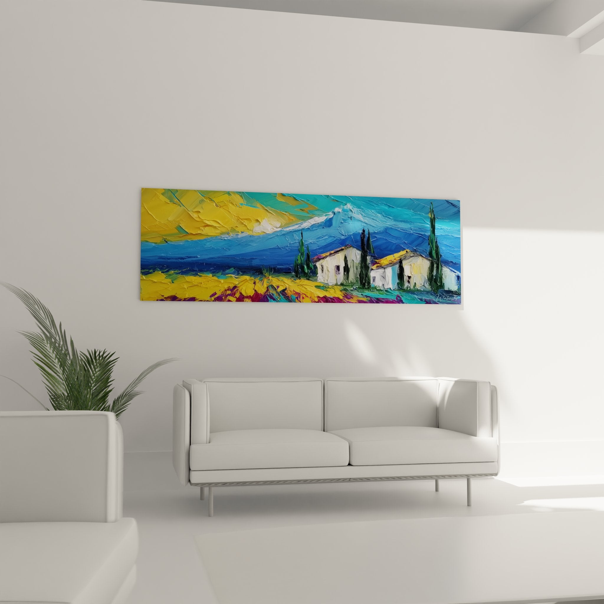 Détail gros plan tableau paysage volcanique technique empâtement couleurs méditerranéennes intenses