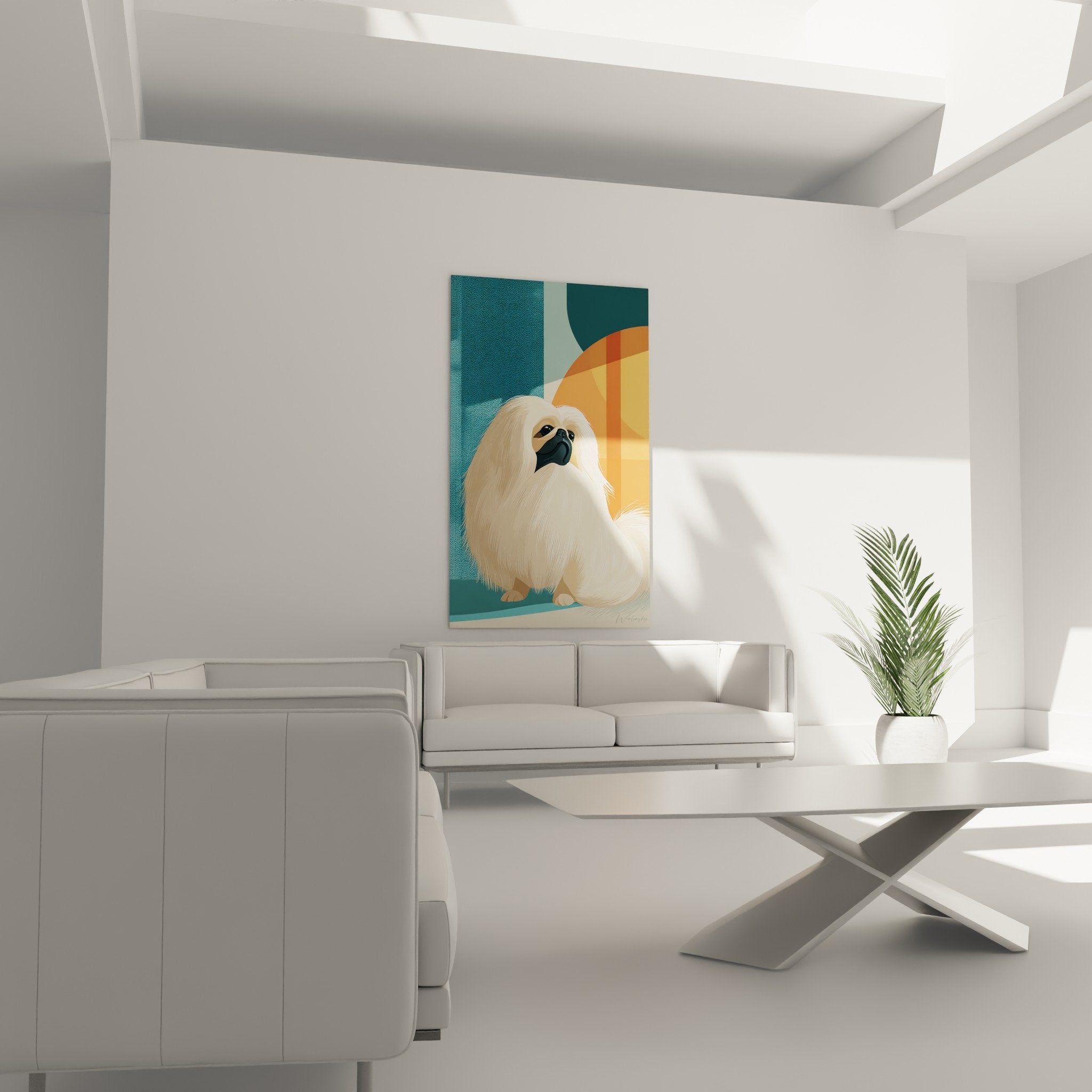 Détail tableau Pékinois pelage blanc soyeux texture réaliste art animalier qualité