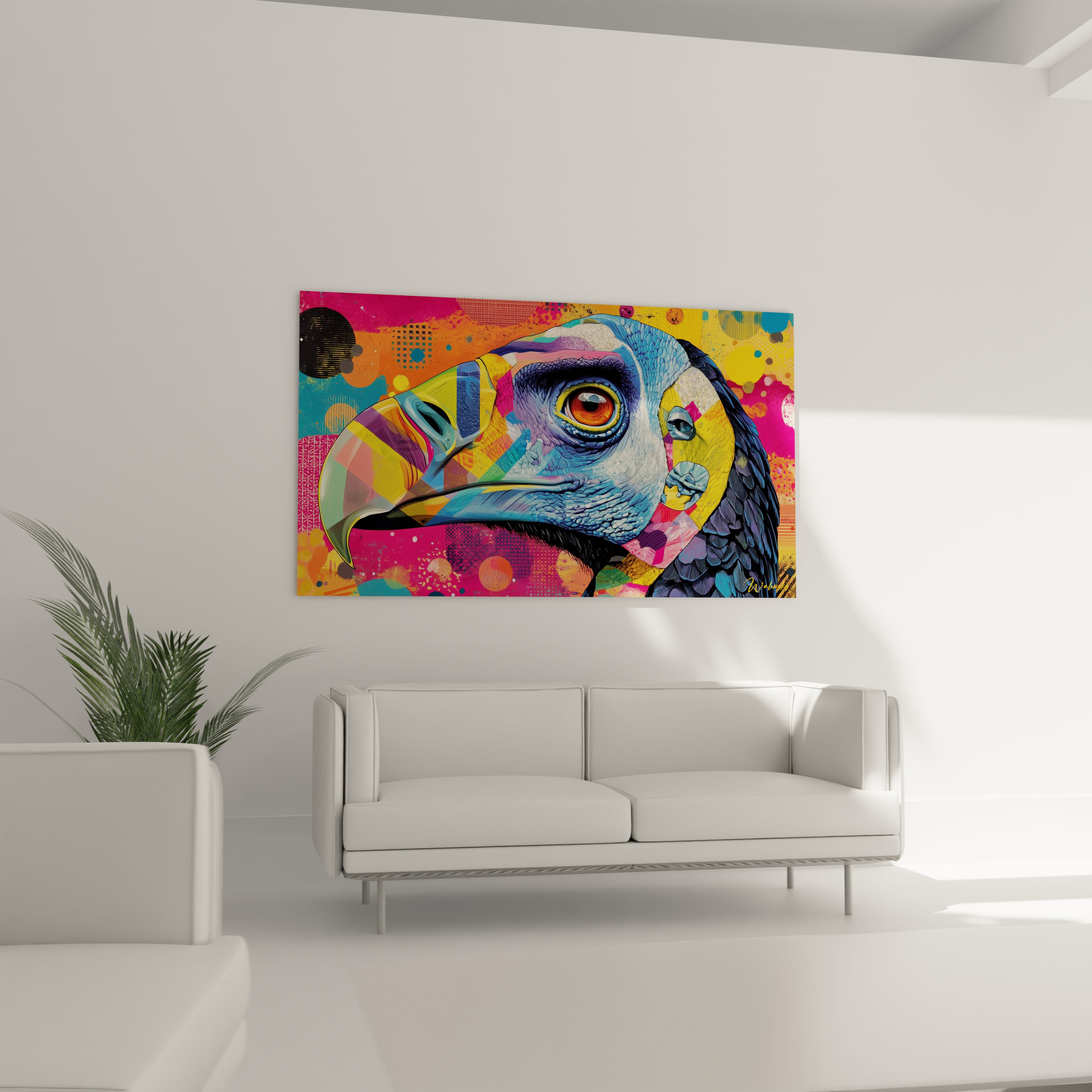 Détail gros plan tableau perroquet pop art, œil doré et plumes multicolores, peinture moderne qualité