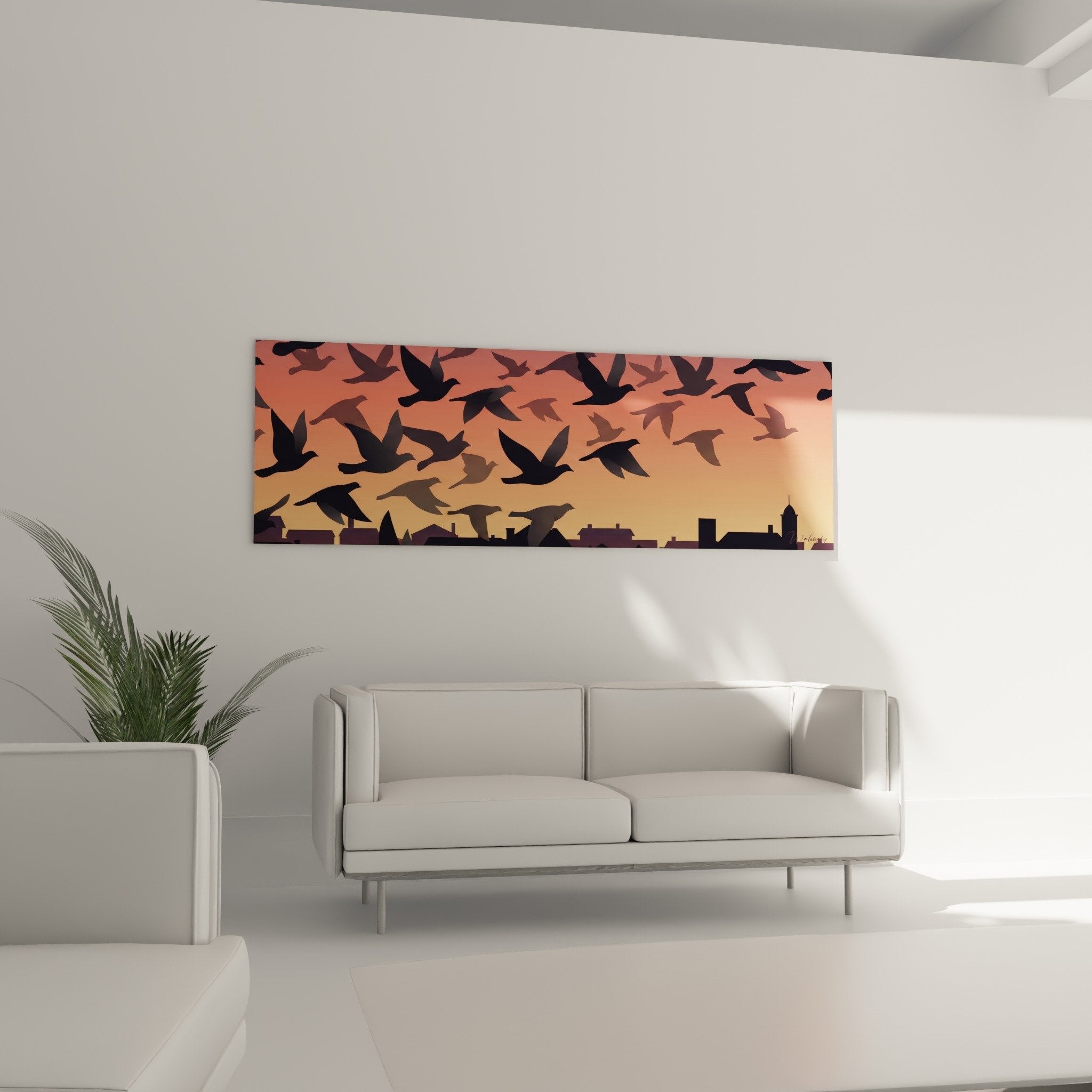 Nahaufnahme von Tauben-Kunstwerk mit Vogelsillhouetten im Flug auf warmem Farbverlauf in Rosa, Koralle und Orange