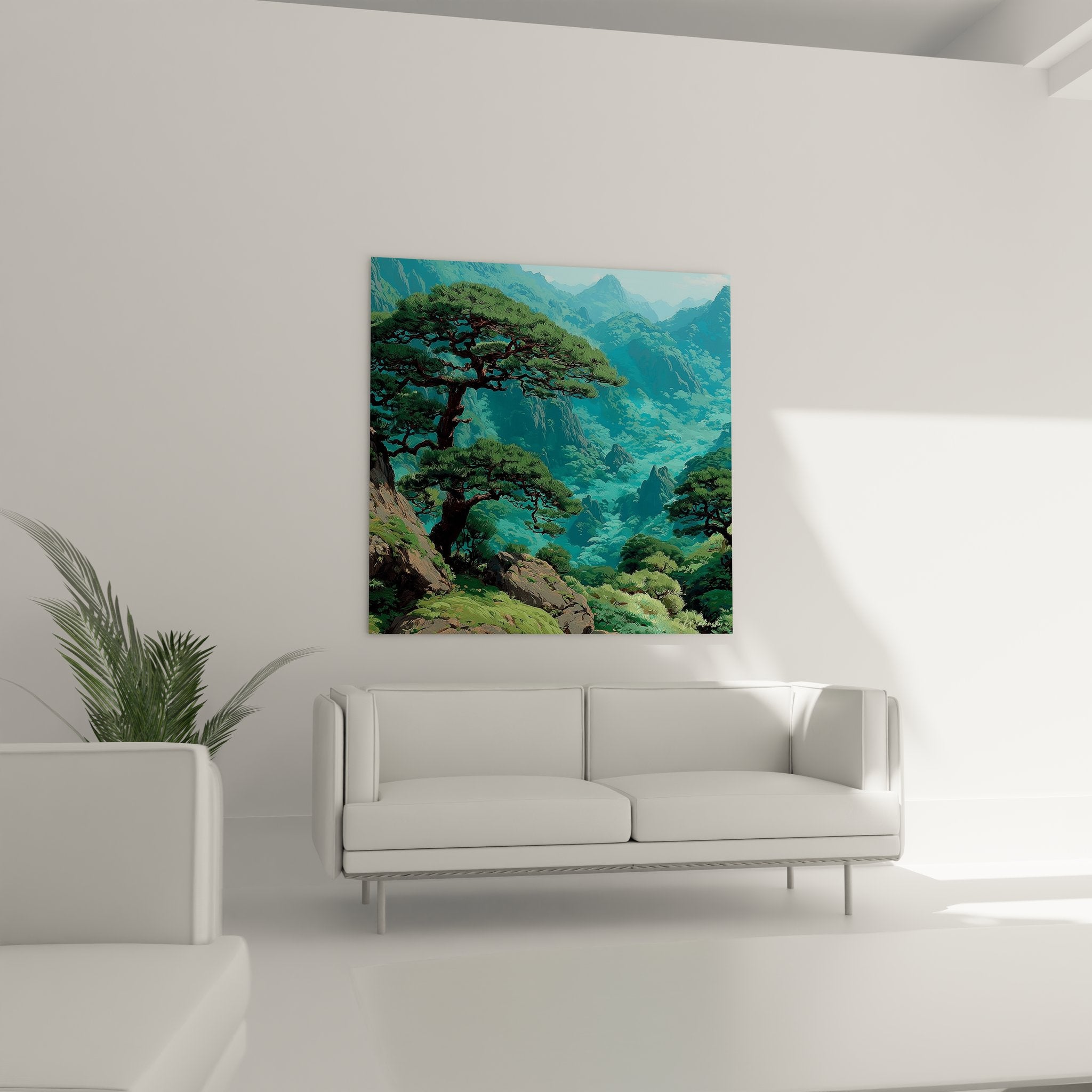 Détail tableau pin japonais avec branches étendues et montagnes brumeuses