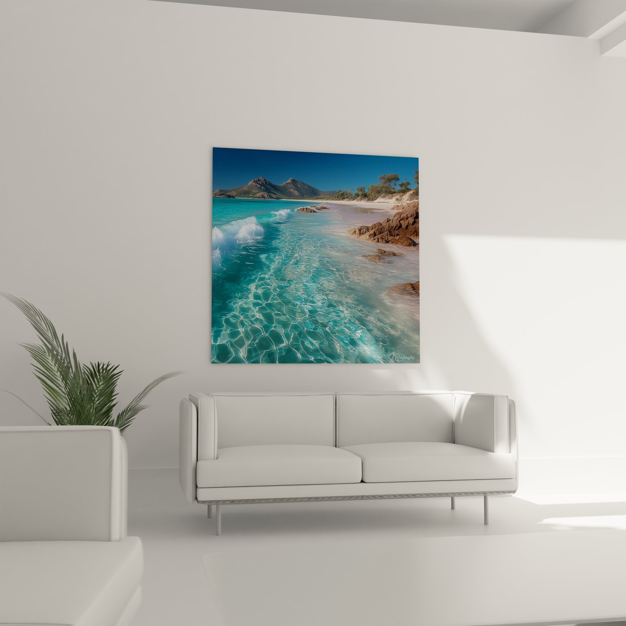 Détail tableau plage eaux turquoise transparentes reflets sable blanc rochers ocre art maritime