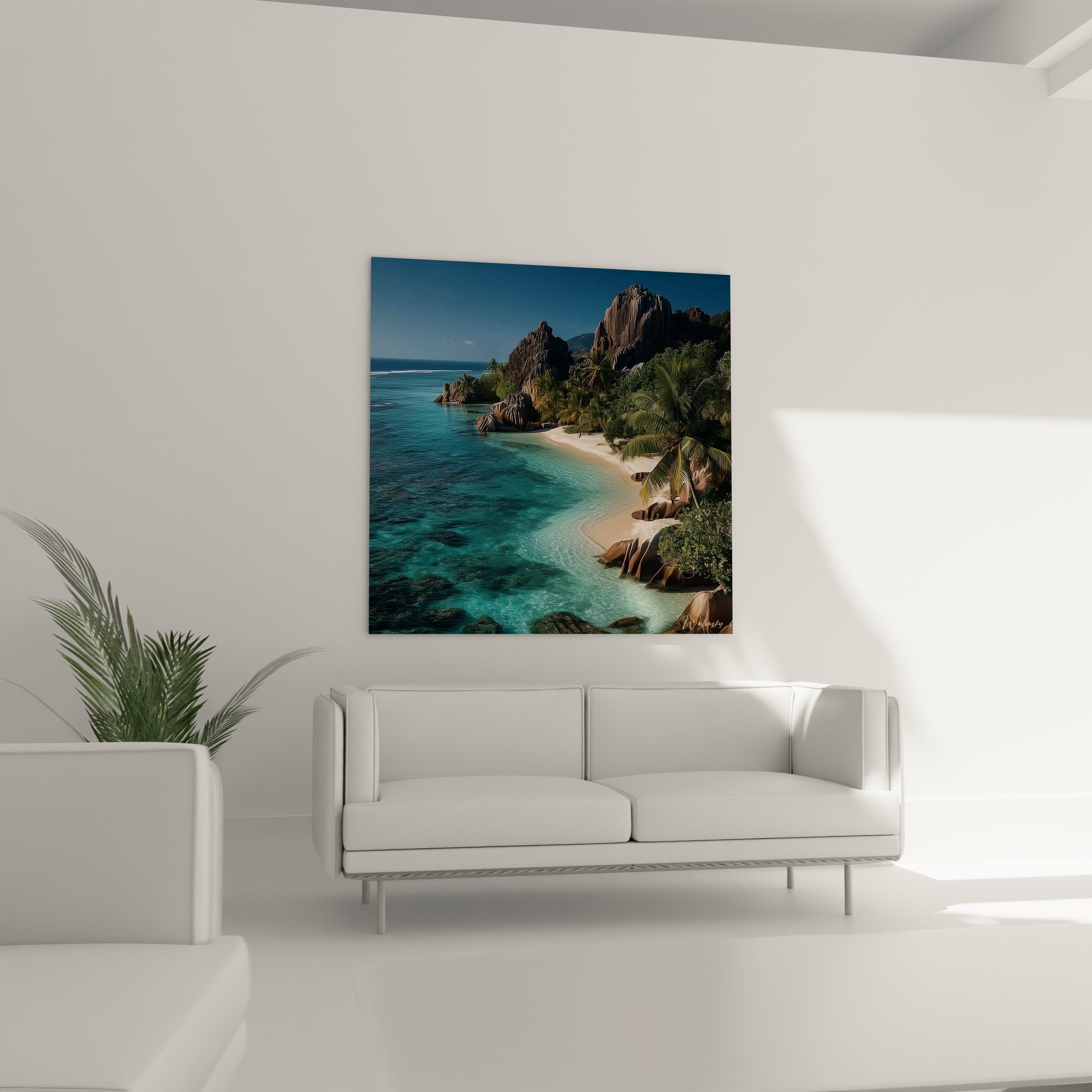 Détail tableau plage tropicale Seychelles montrant texture rochers granit et transparence océan