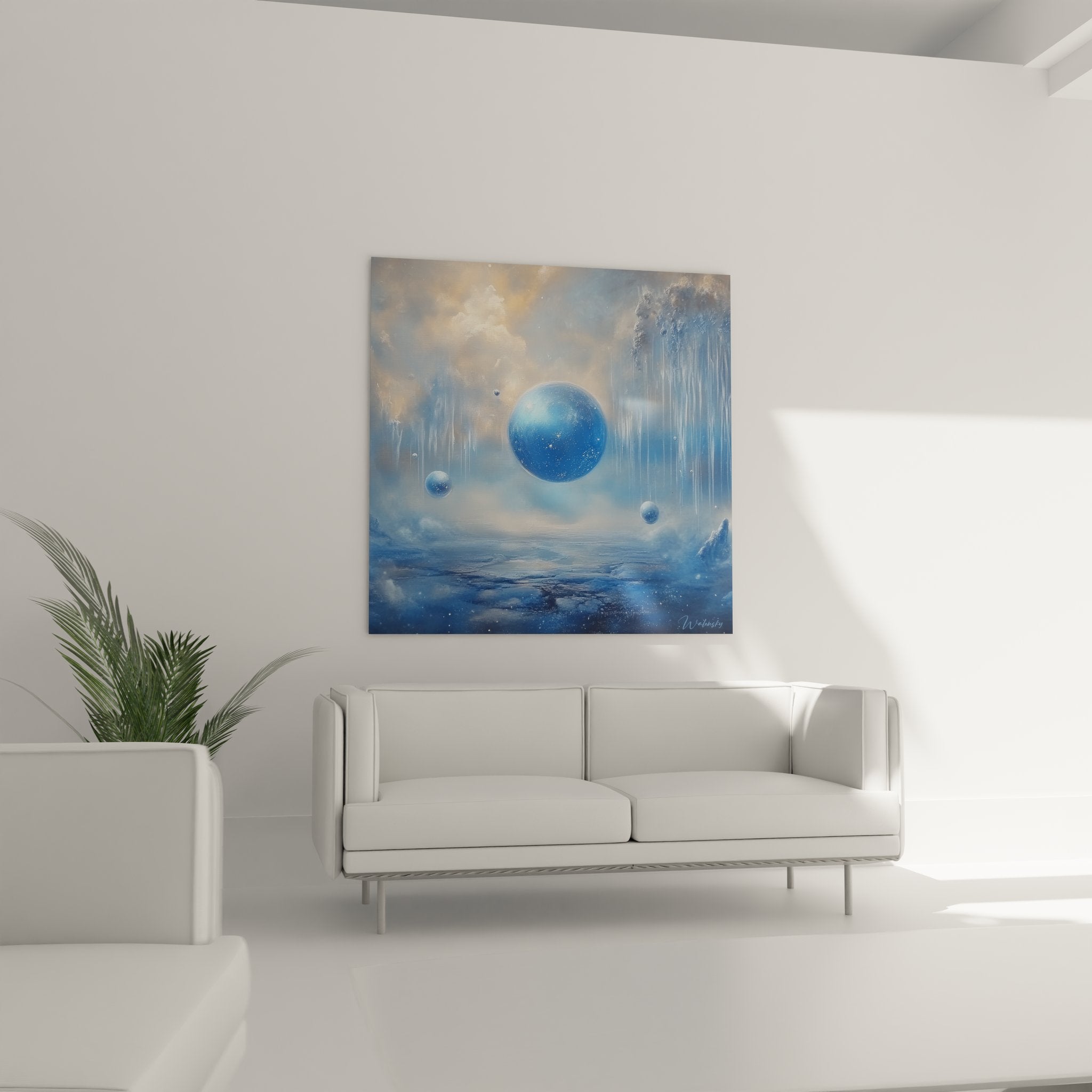 Détail gros plan tableau planètes bleues texture cosmique art abstrait spatial moderne