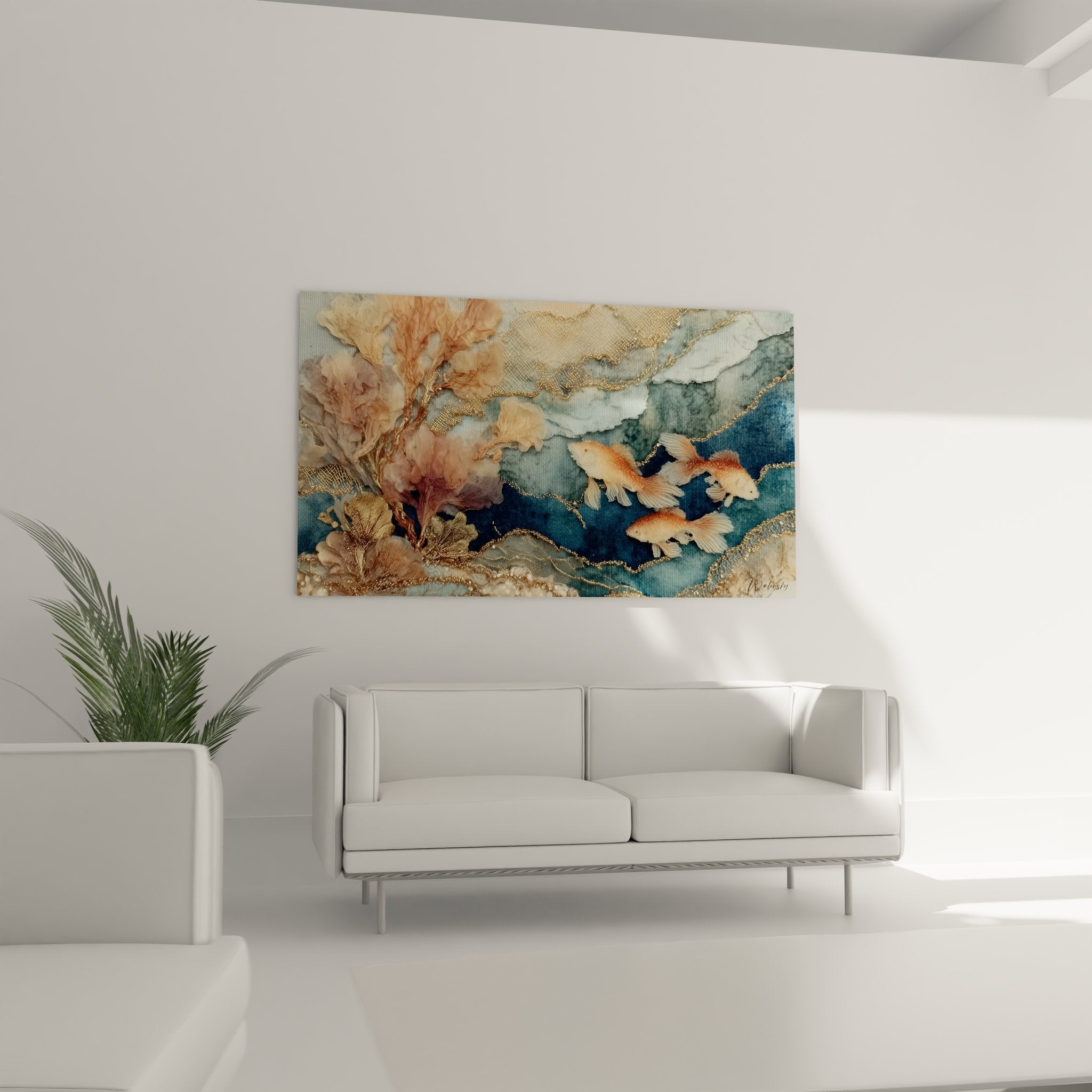 Détail tableau fonds marins poissons dorés nageoires délicates coraux texturés