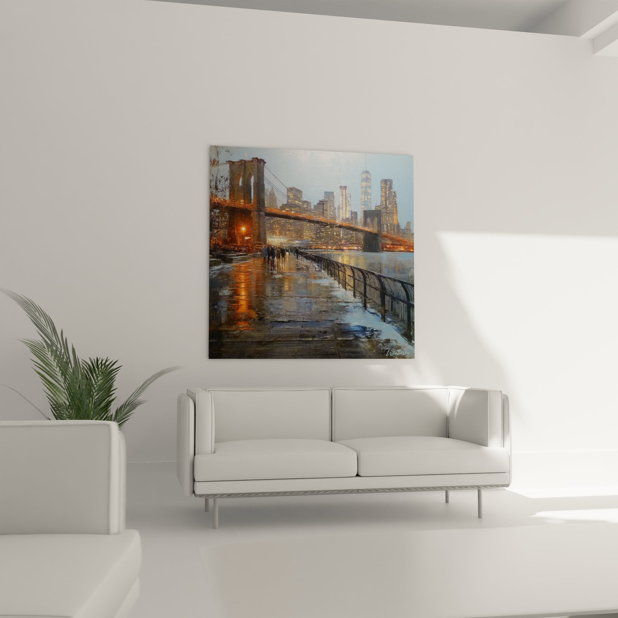 Détail tableau pont Brooklyn reflets lumineux pavés mouillés - peinture urbaine moderne