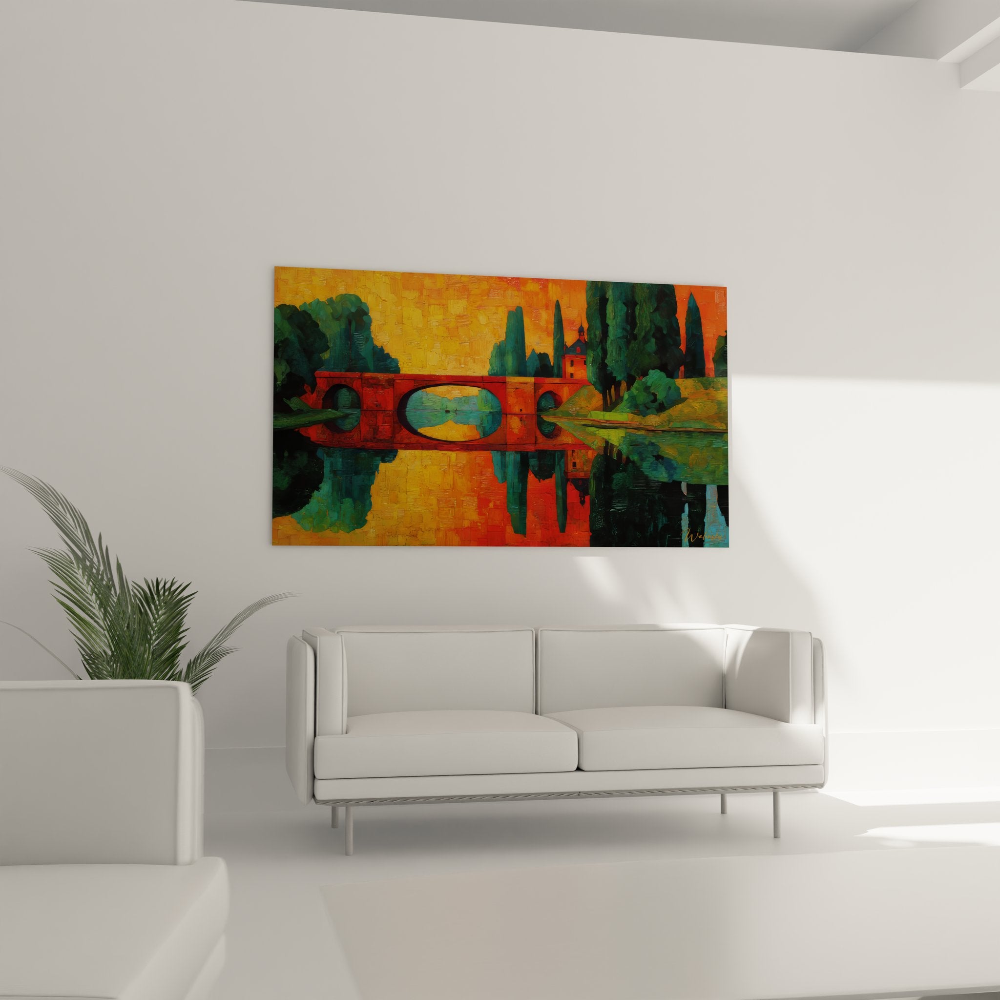 Détail tableau pont campagne showing technique picturale moderne et reflets dans l'eau au crépuscule