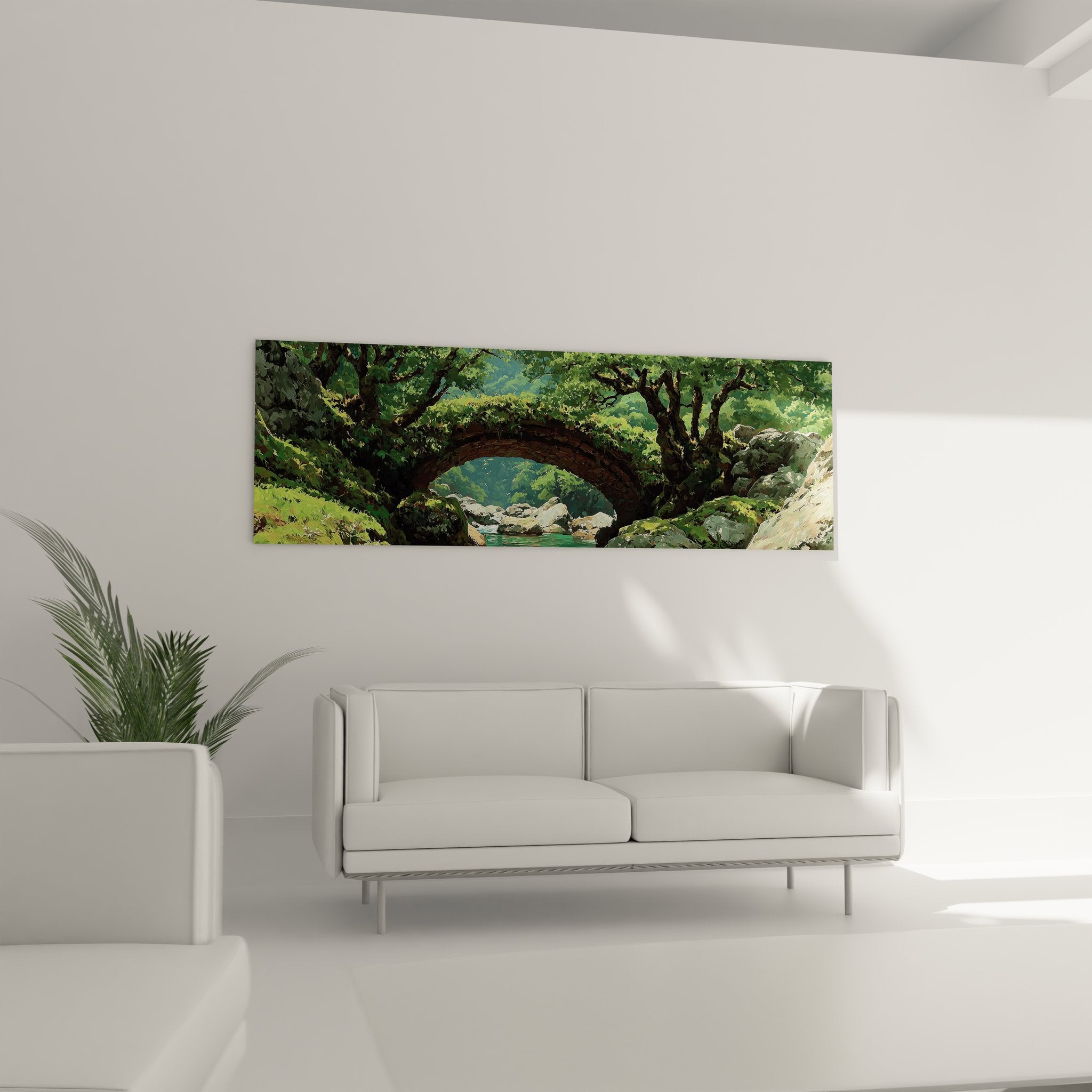 Détail tableau pont pierre forêt, texture végétation luxuriante et reflets eau cristalline