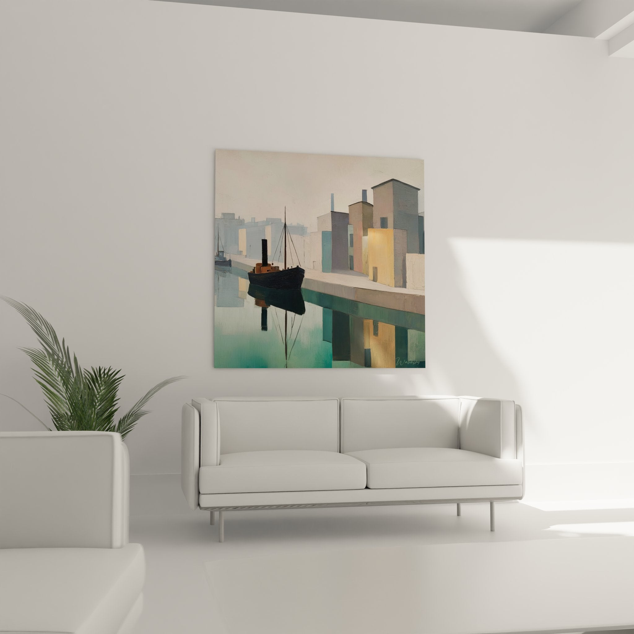 Détail tableau port industriel montrant reflets bateau et architecture colorée