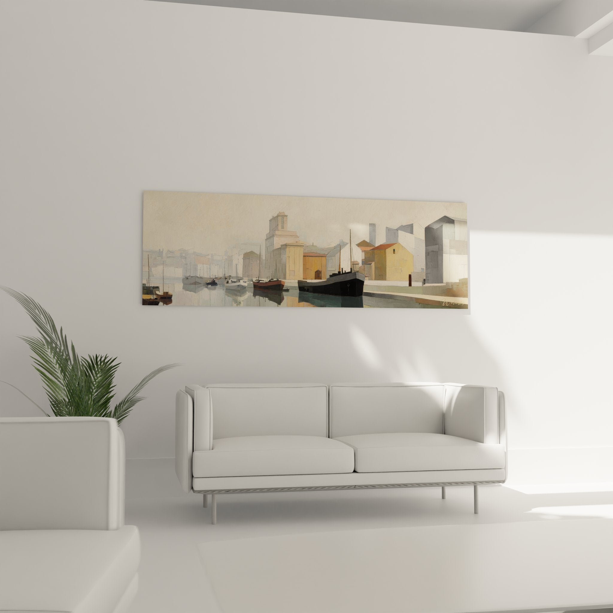 Détail tableau port méditerranéen bateaux de pêche et bâtiments portuaires style contemporain