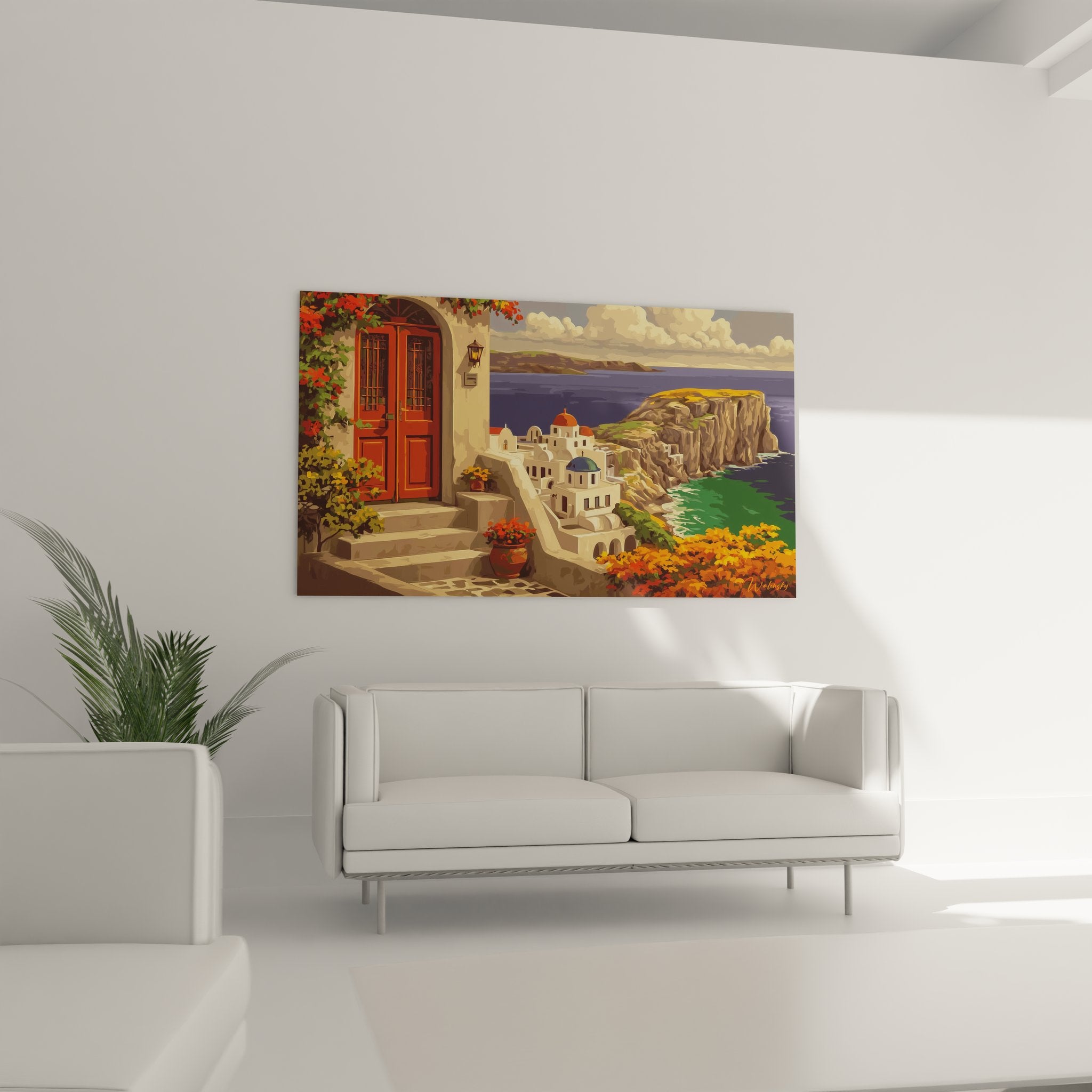 Détail tableau grec porte traditionnelle rouge bougainvilliers architecture authentique