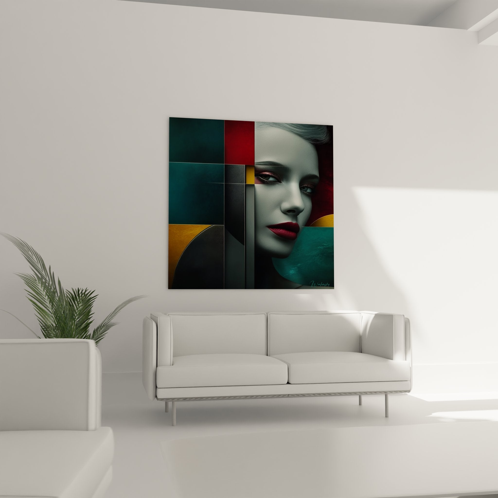 Gros plan détail tableau portrait féminin géométrique montrant fragments colorés et technique abstraite