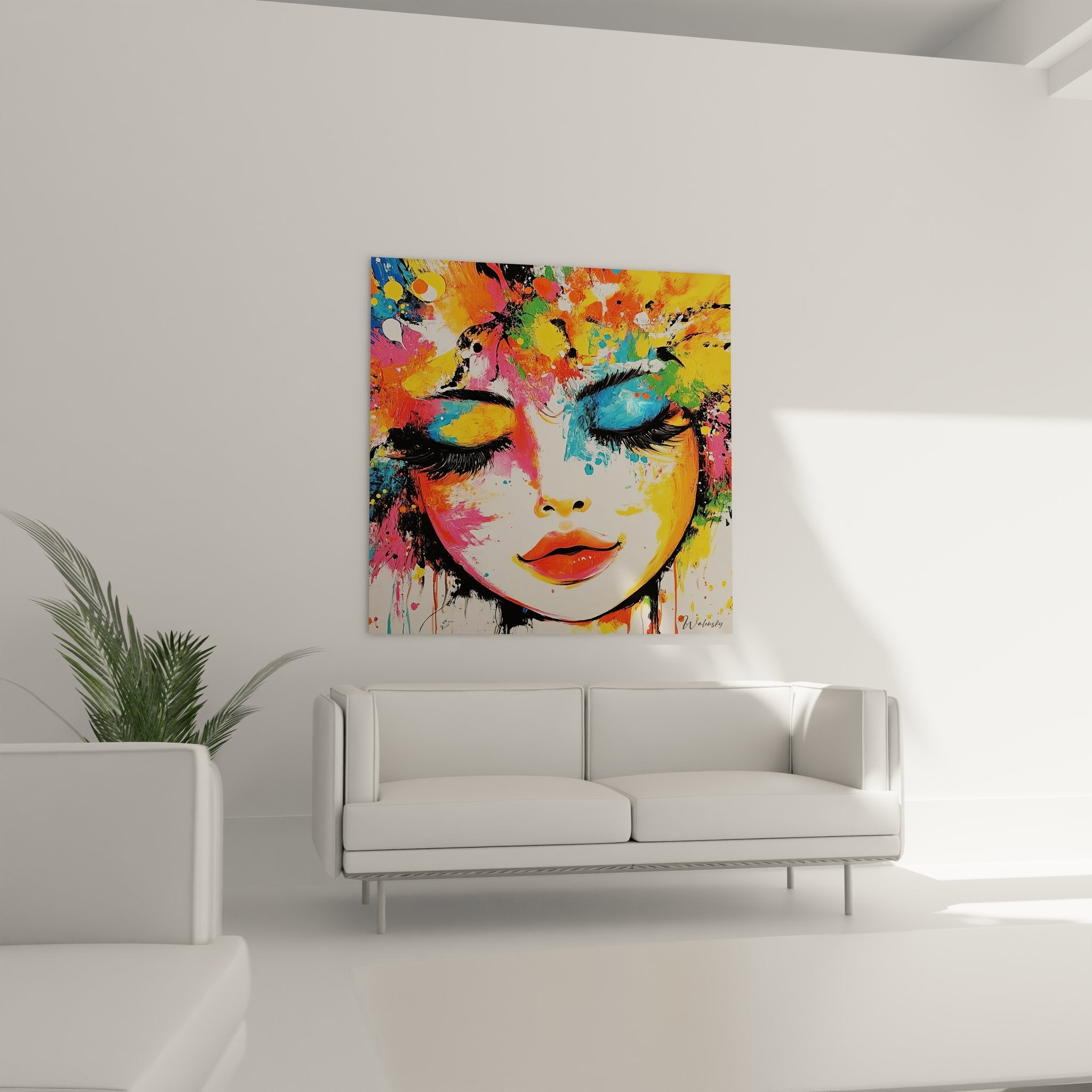 Nahaufnahme Frauenporträt-Gemälde lebendige Farben abstrakte Malerei Detail zeitgenössische Wandkunst