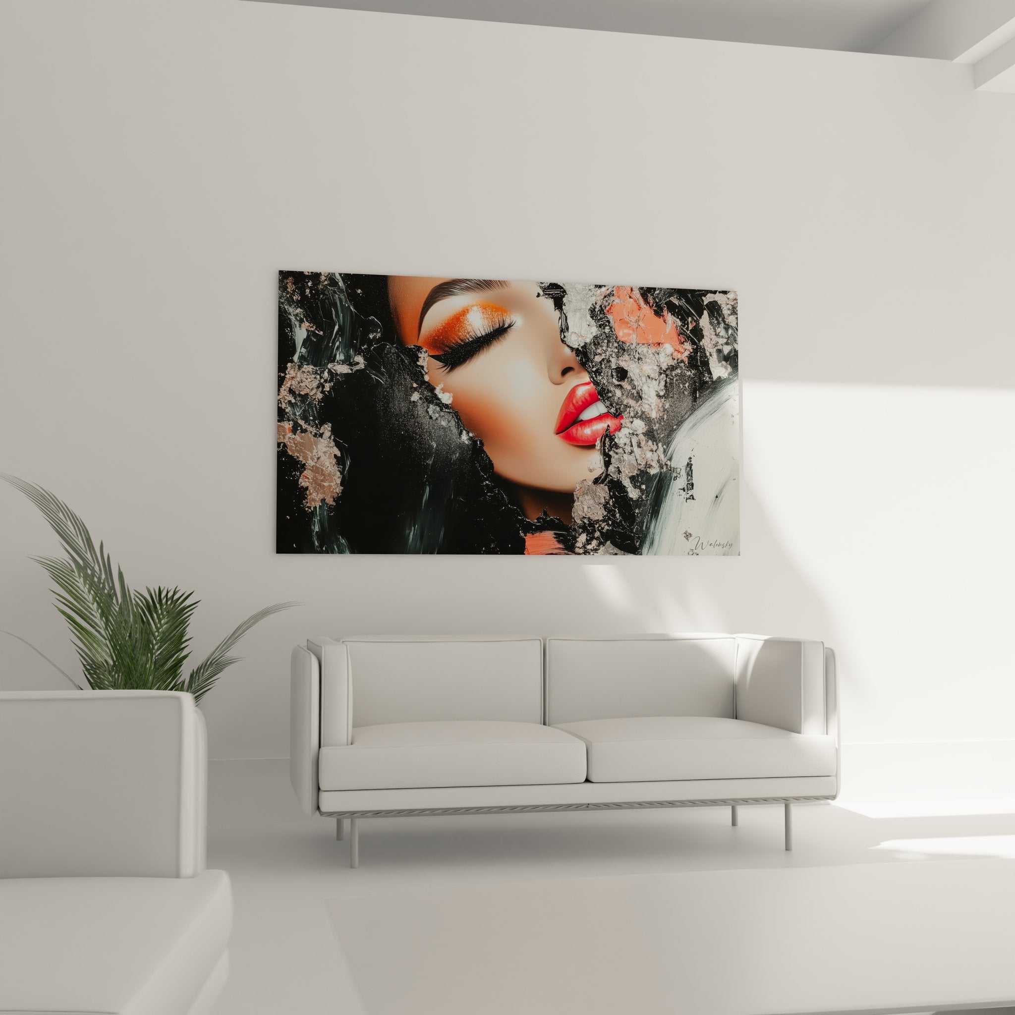 Détail tableau portrait femme abstrait textures rouge noir art mural moderne