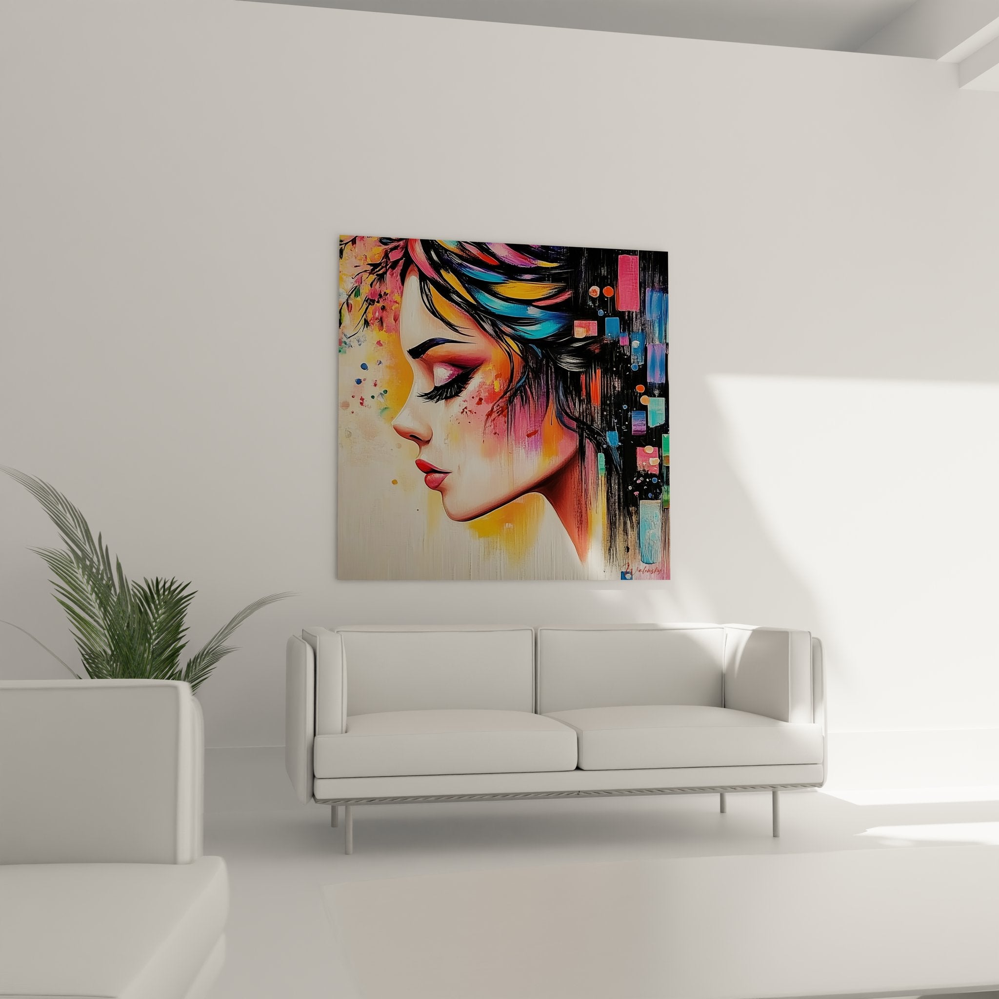 Détail gros plan tableau portrait femme aux couleurs vives et textures artistiques