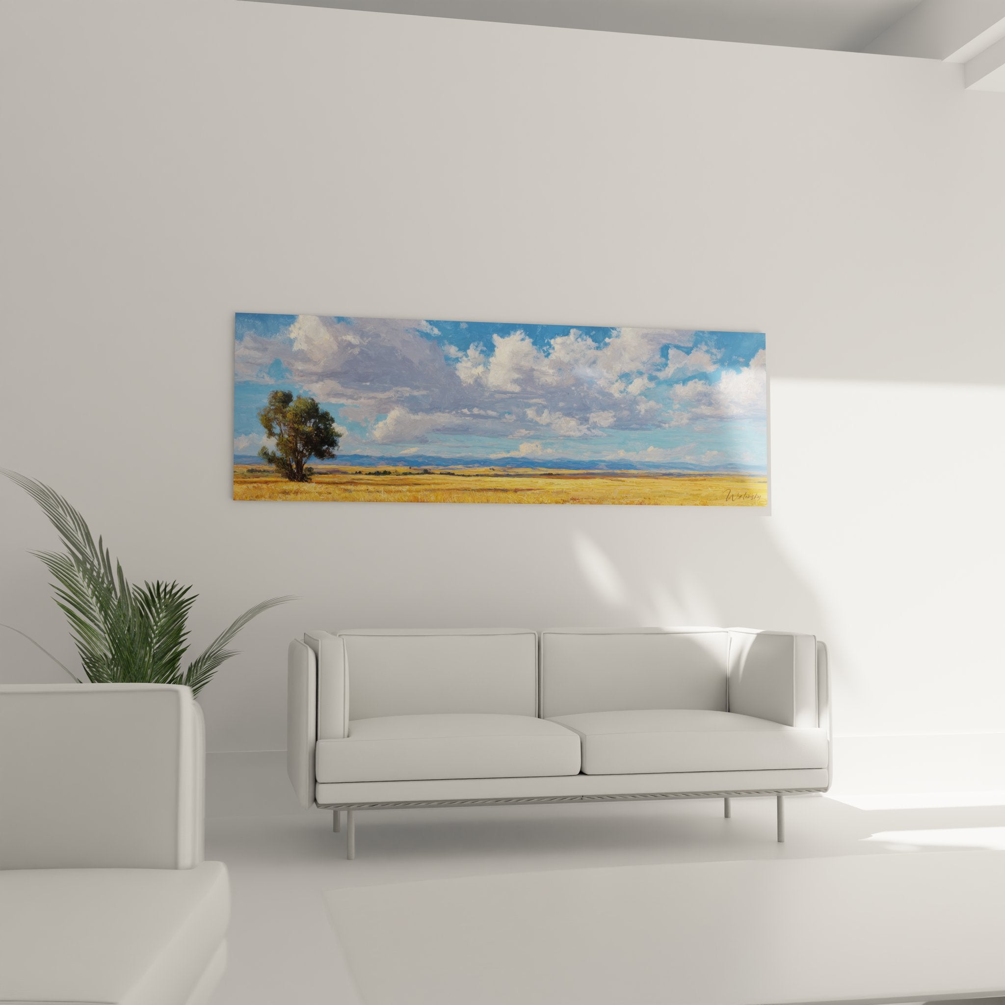 Détail tableau prairie dorée montrant texture champs blé et nuages - art campagne