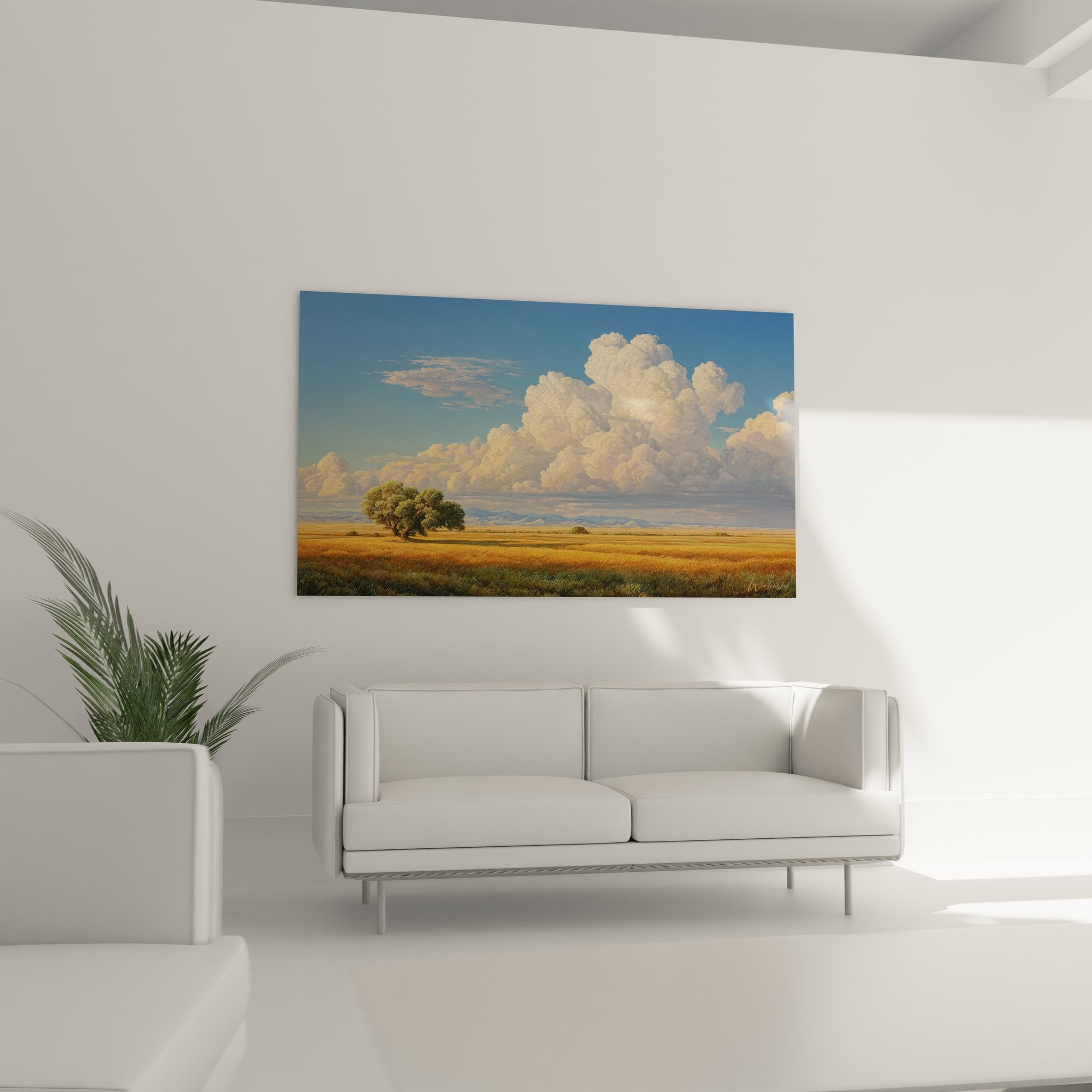 Détail tableau art mural prairie dorée et nuages cumulus dorés lumière chaude