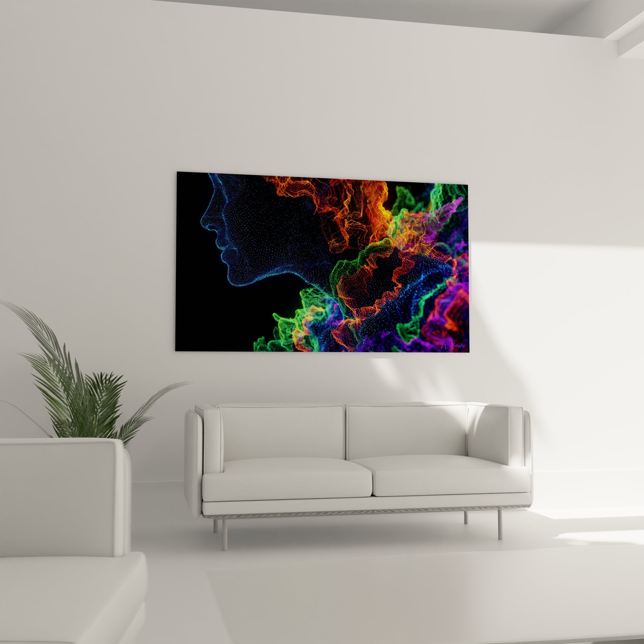 Détail tableau profil humain particules lumineuses, art numérique couleurs vibrantes