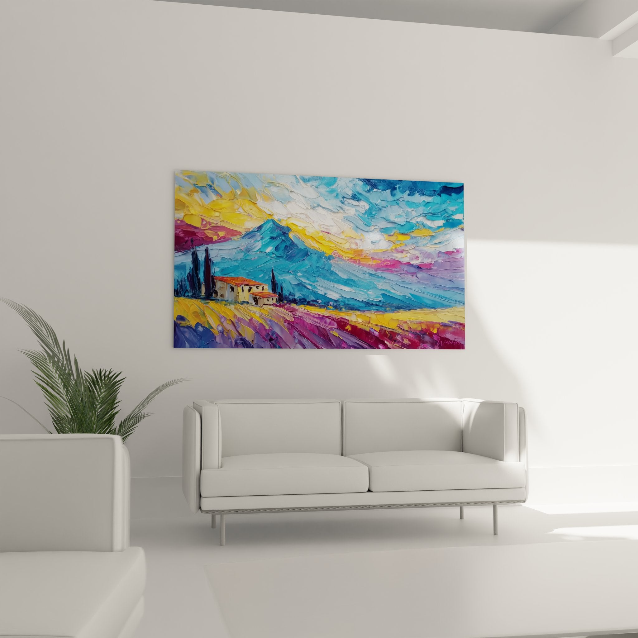 Détail tableau paysage provençal, texture empâtée couleurs vives, cyprès et maison traditionnelle méditerranéenne