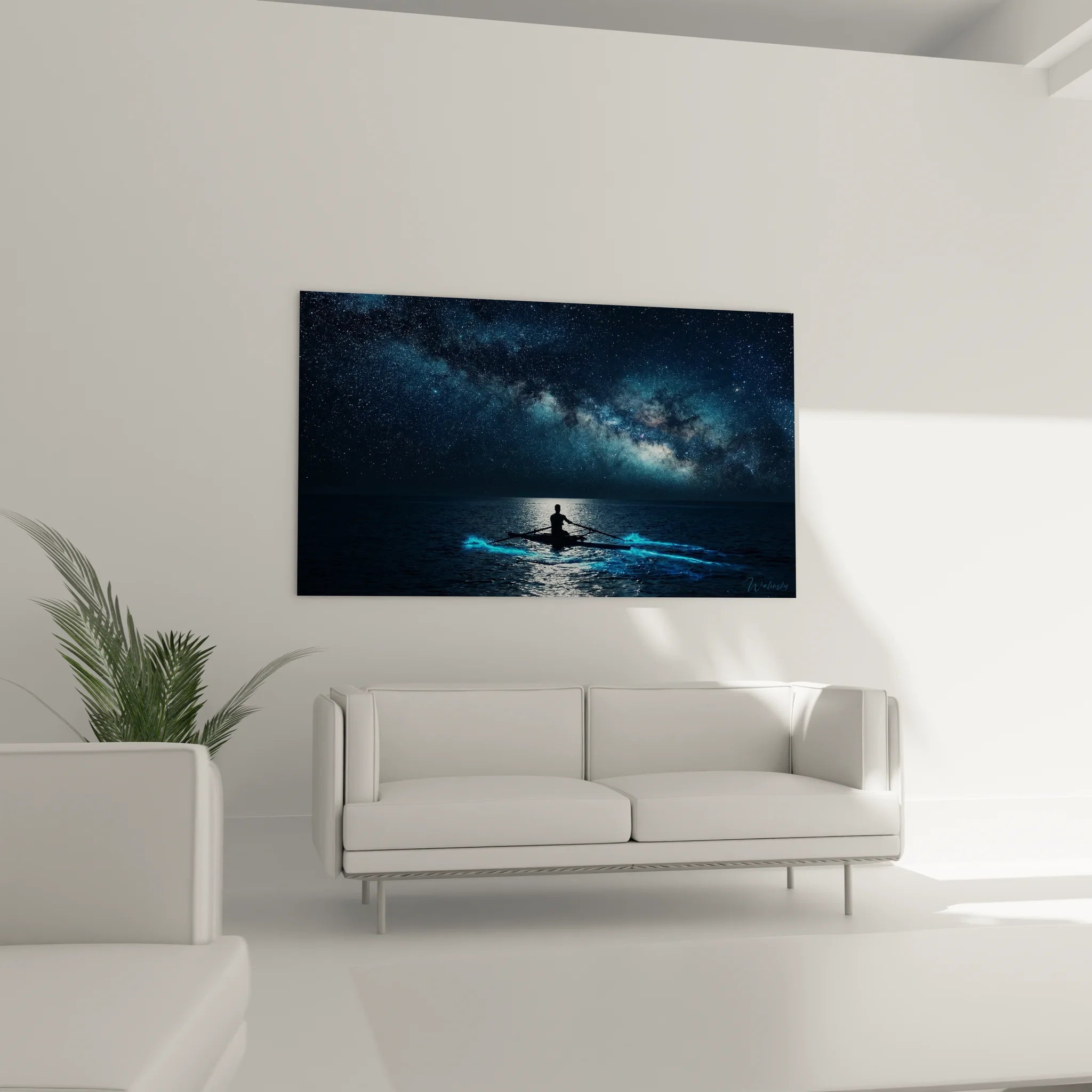 Détail tableau aviron montrant rameur silhouette et sillons lumineux turquoise